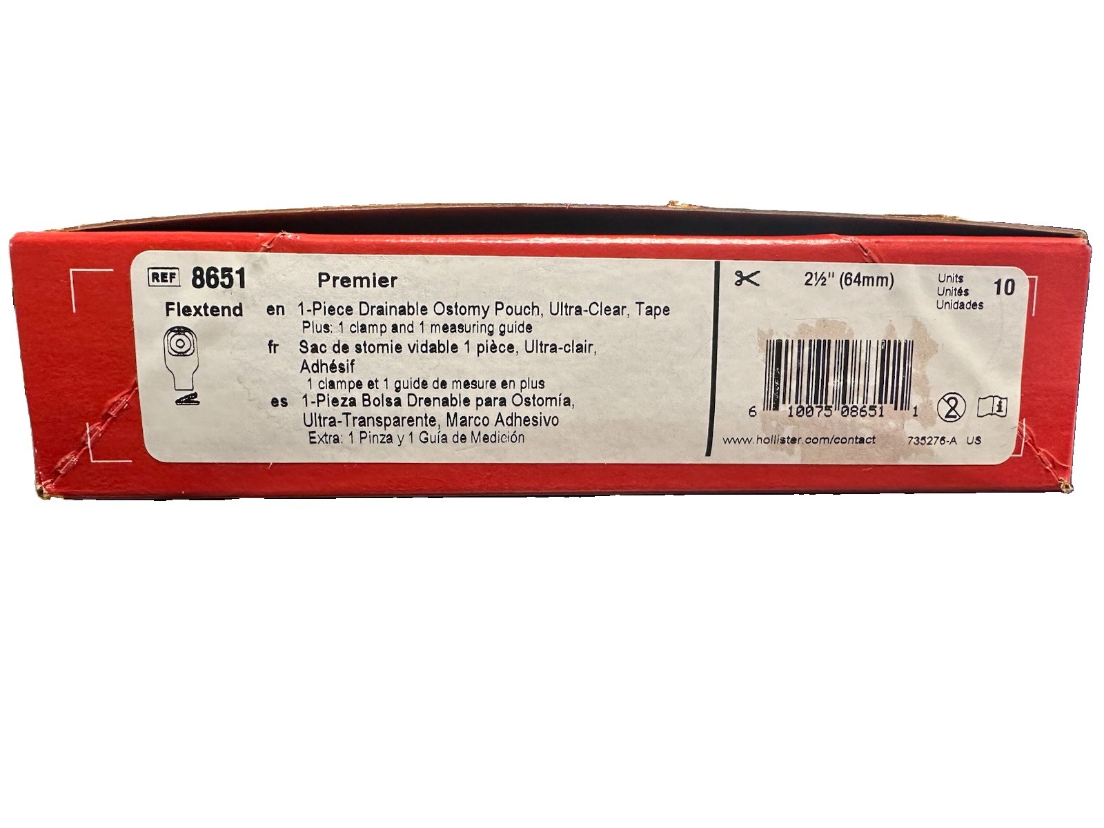Hollister 8651 Premier 1 Pc Ostomy Pouch Ultra Clear Clamp Box/10 Exp 2029