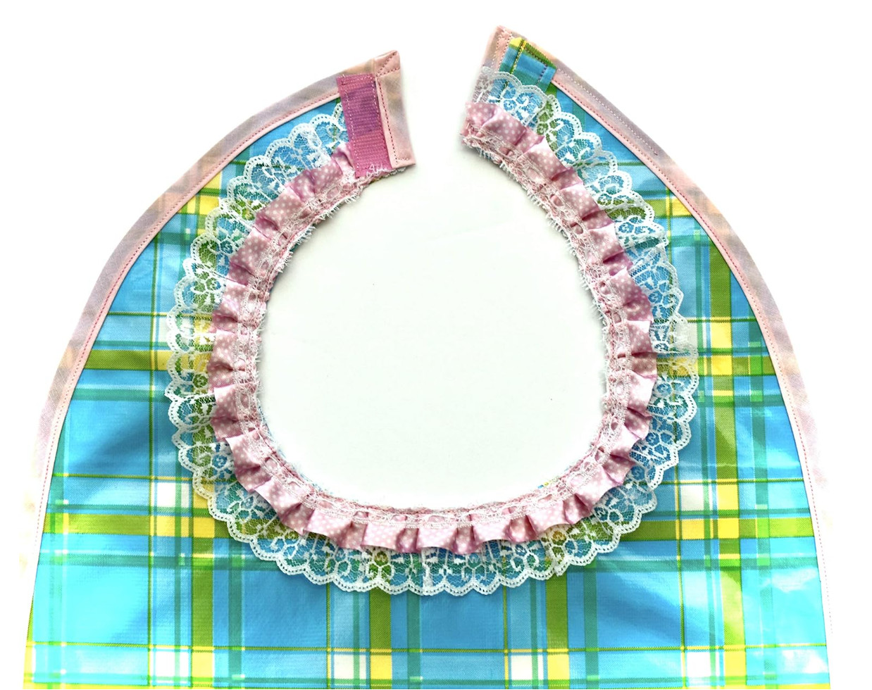 Adult Dining Oilcloth Bib,Blue Plaid,Pink Lace Collar,Loop&Hook Closure,2Pockets
