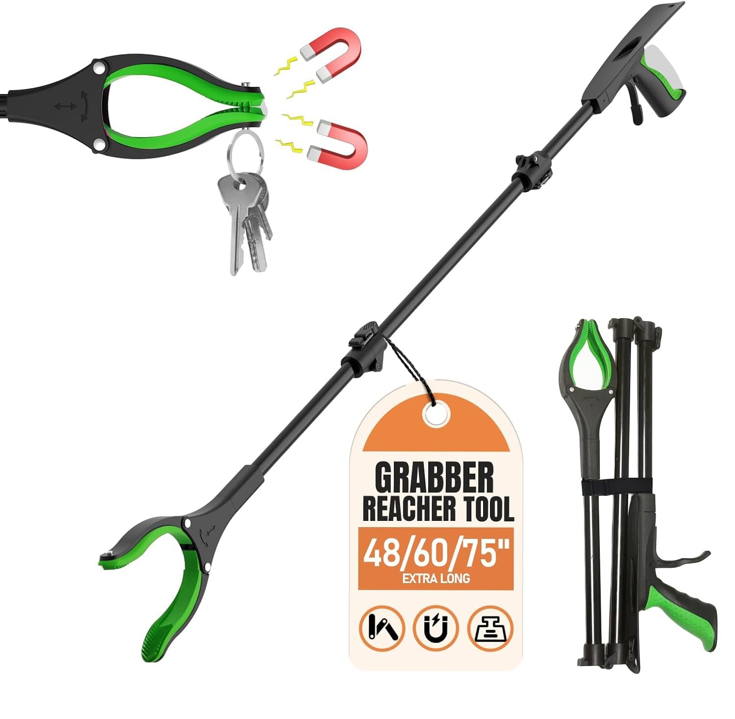 Extra Long Grabber Reacher Tool, 48 Aluminum Foldable Reacher Grabber, Dual M…