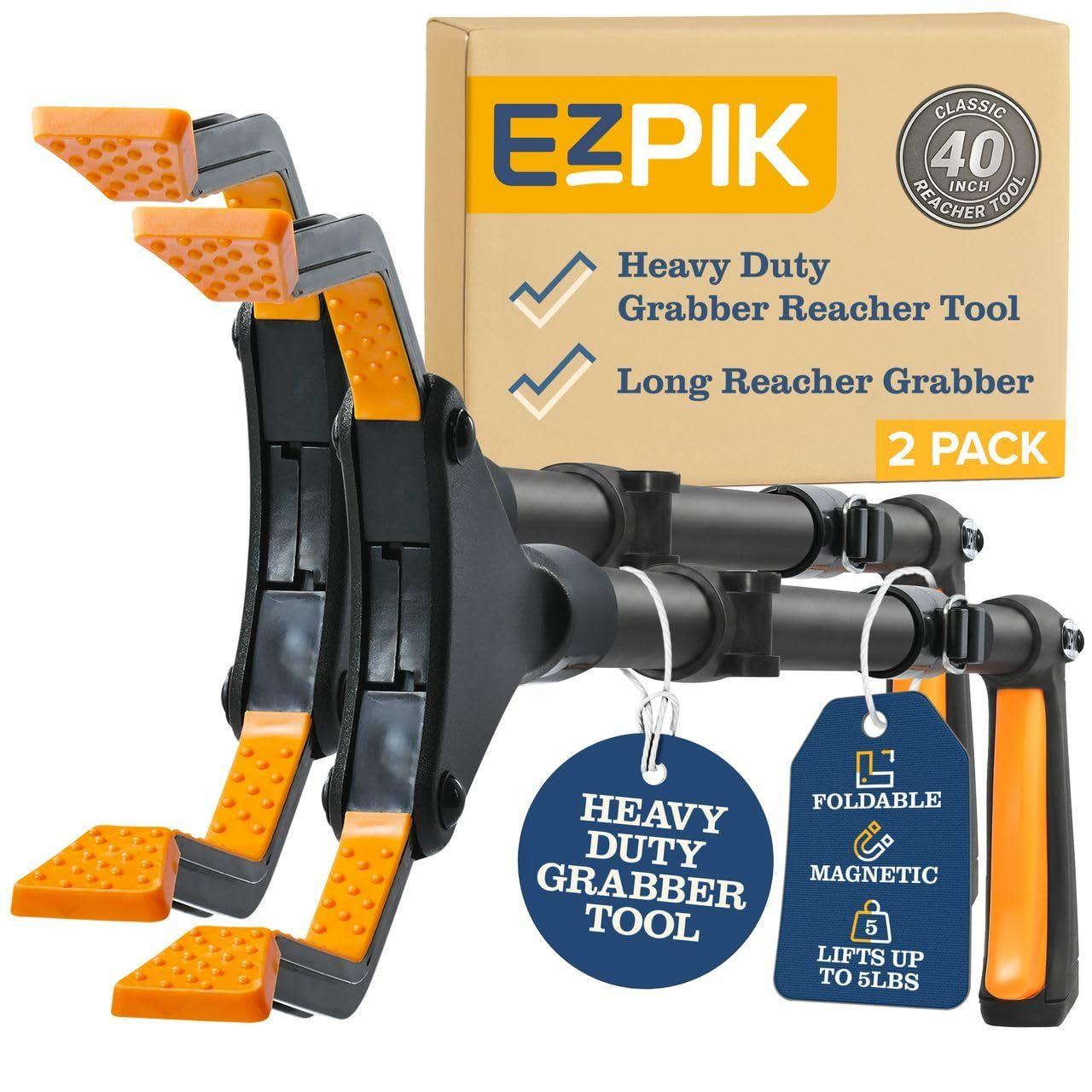 EZPIK Classic 40” Folding Grabber Reacher 40” (Pack of 2) – Black, Black