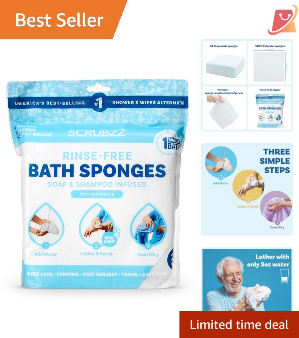 Travel-Friendly Rinse-Free Bathing Wipes: 25 Soft & Convenient Sponge Cleansers