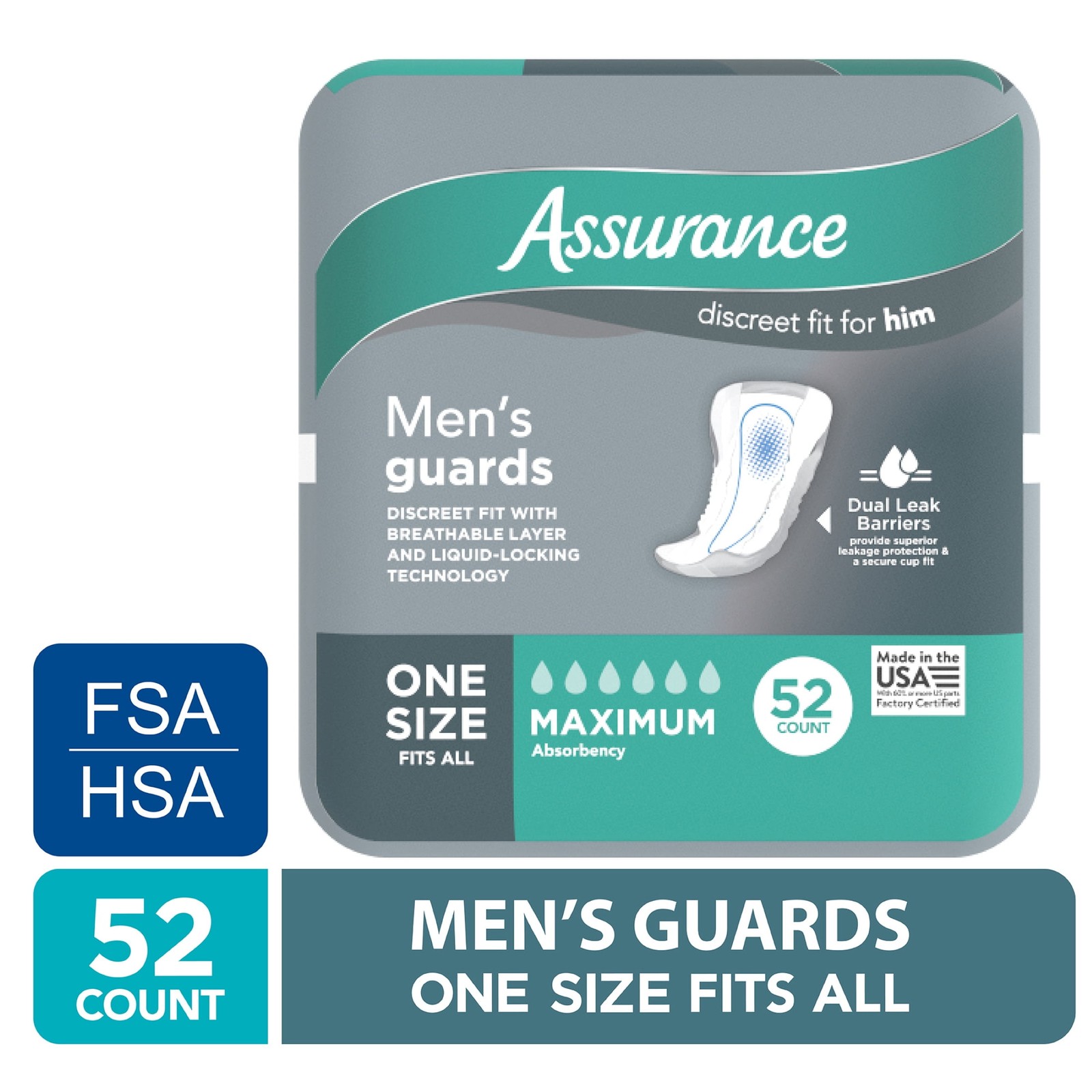 Men’s Assurance Guards – Maximum Absorbency, 52 Count for All-Day Use