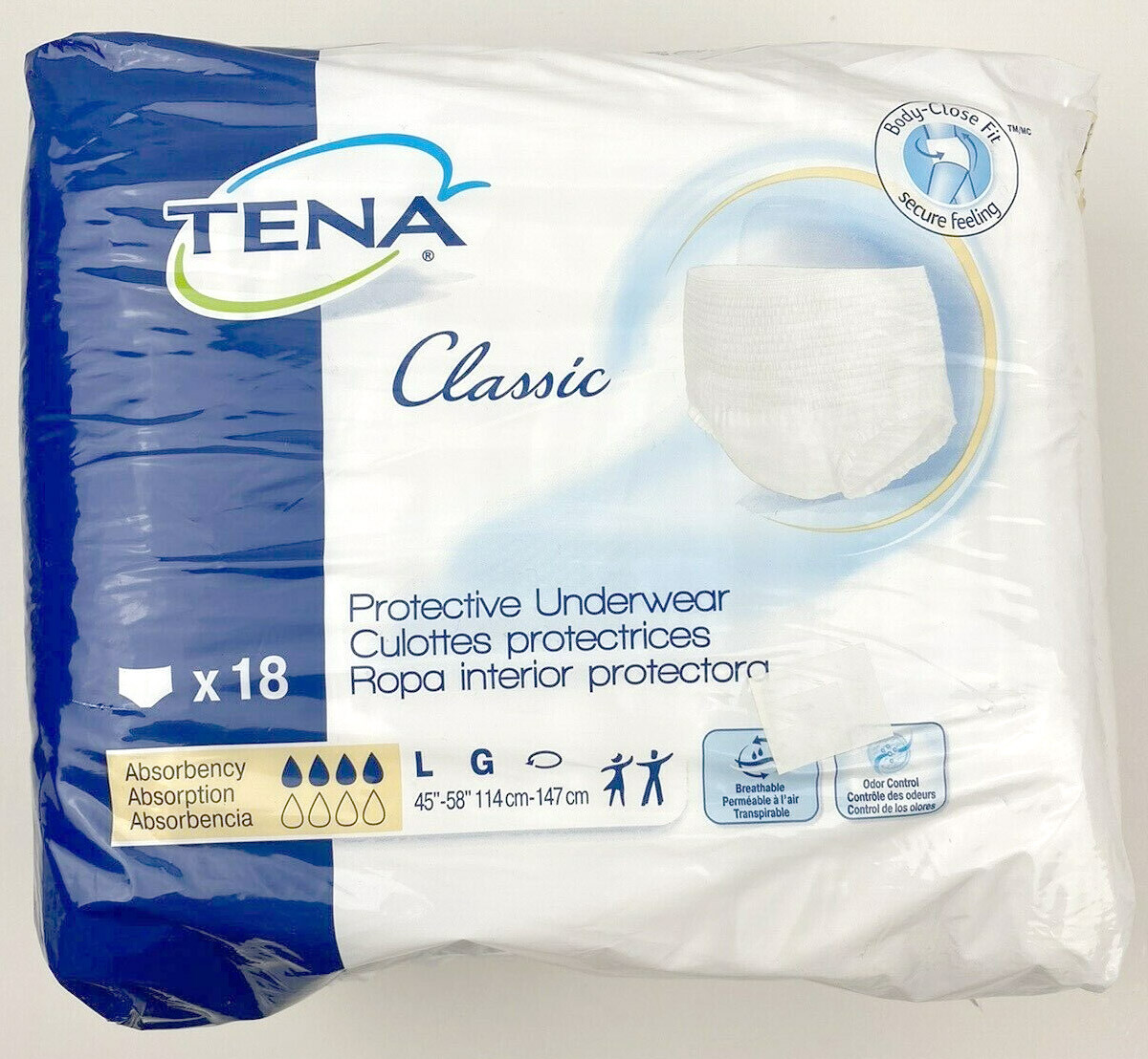 ESSITY 76IVze1 1 PK/18 EA Tena Classic Protective Underwear, Large 72514