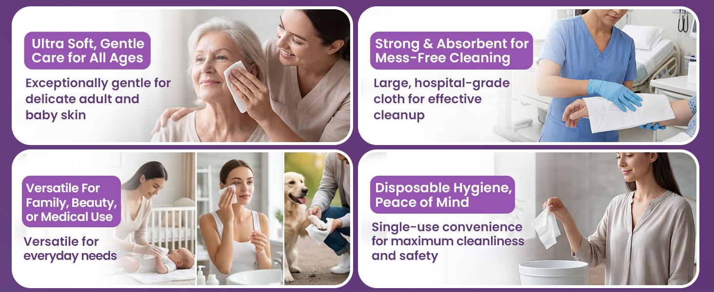 Disposable Dry Wipes, 100 Pack – Ultra Soft Non-Moistened Cleansing Cloths for