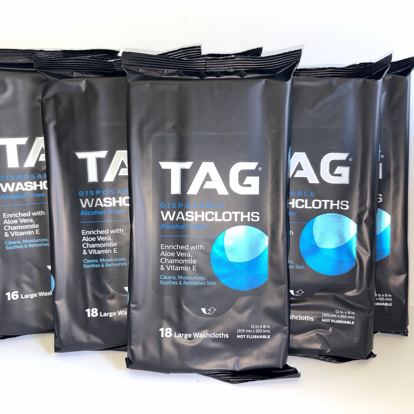 Lot of 6 TAG Disposable Washcloths Adult Body Wipes 18ct Alcohol-Free 12×8 New
