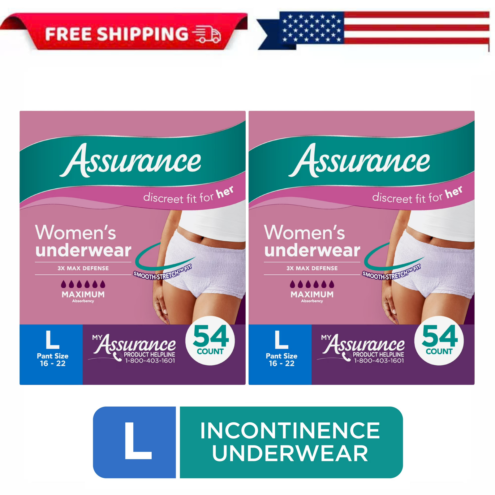 2 Pack Assurance Womens Postpartum Incontinence Underwear Large 108 Count Total