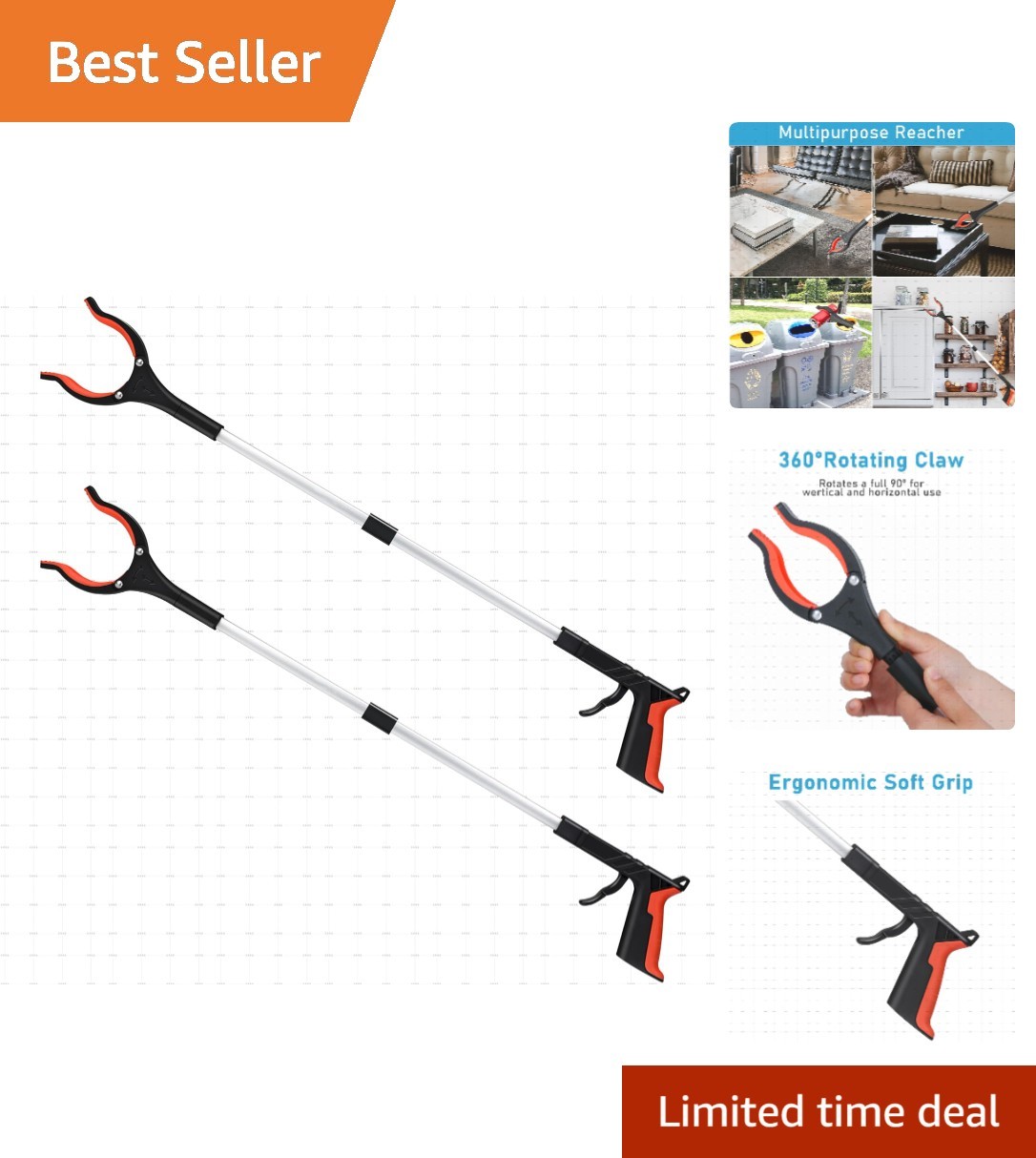 2-Pack 32″ Foldable Grabber Reacher Tool – Lightweight Arm Extension in Orange