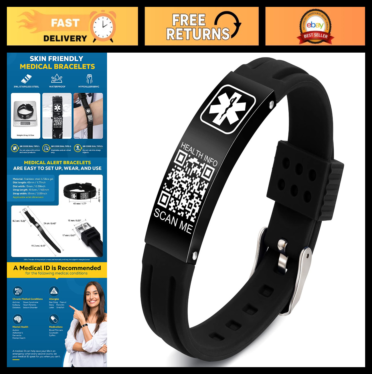 Medical Alert ID Bracelets with QR Code – Waterproof Silicone Wristband for Spor