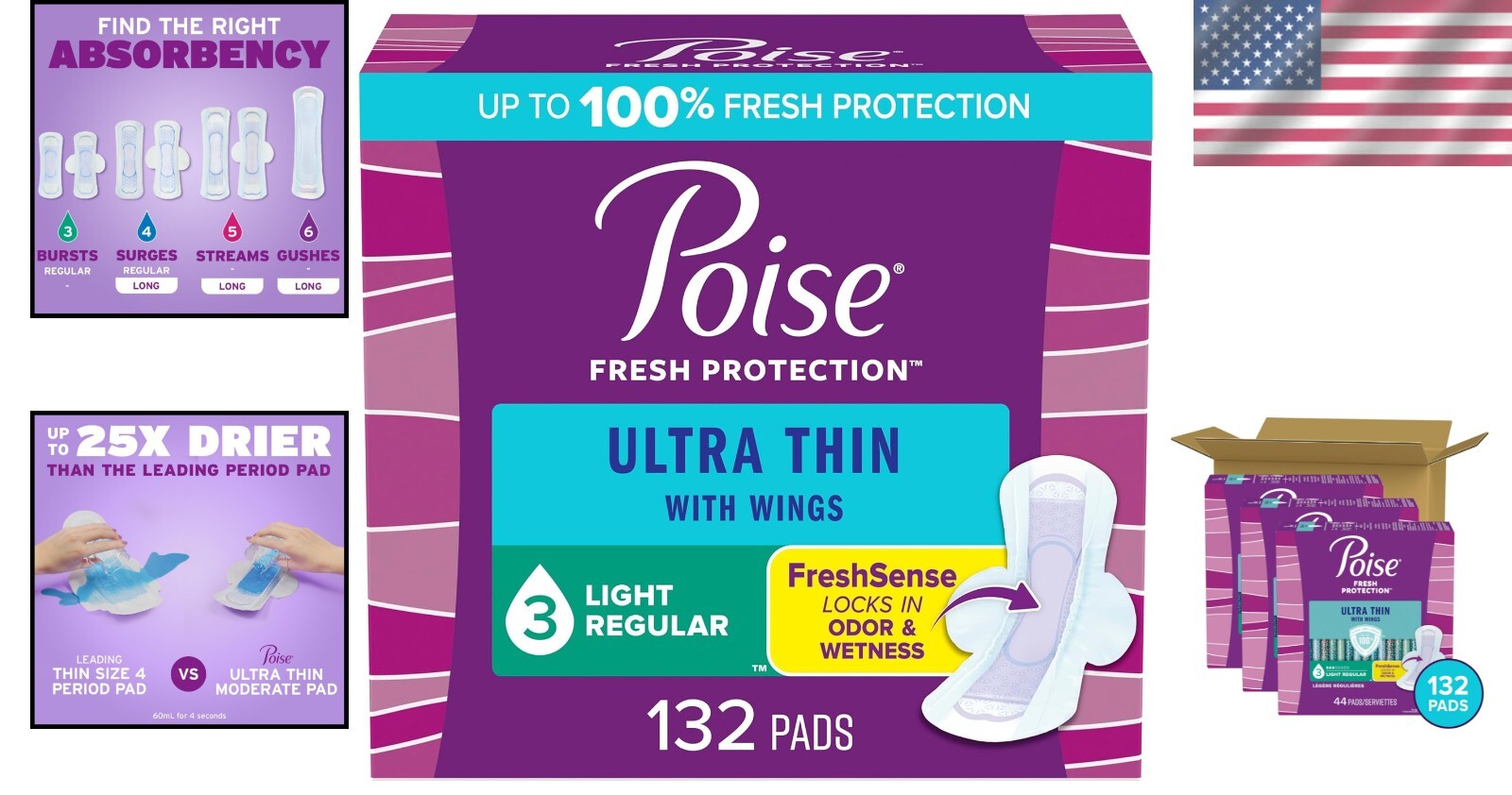 Light Absorbency Ultra Thin Incontinence Pads with Stay-In-Place Wings, 132 Pack