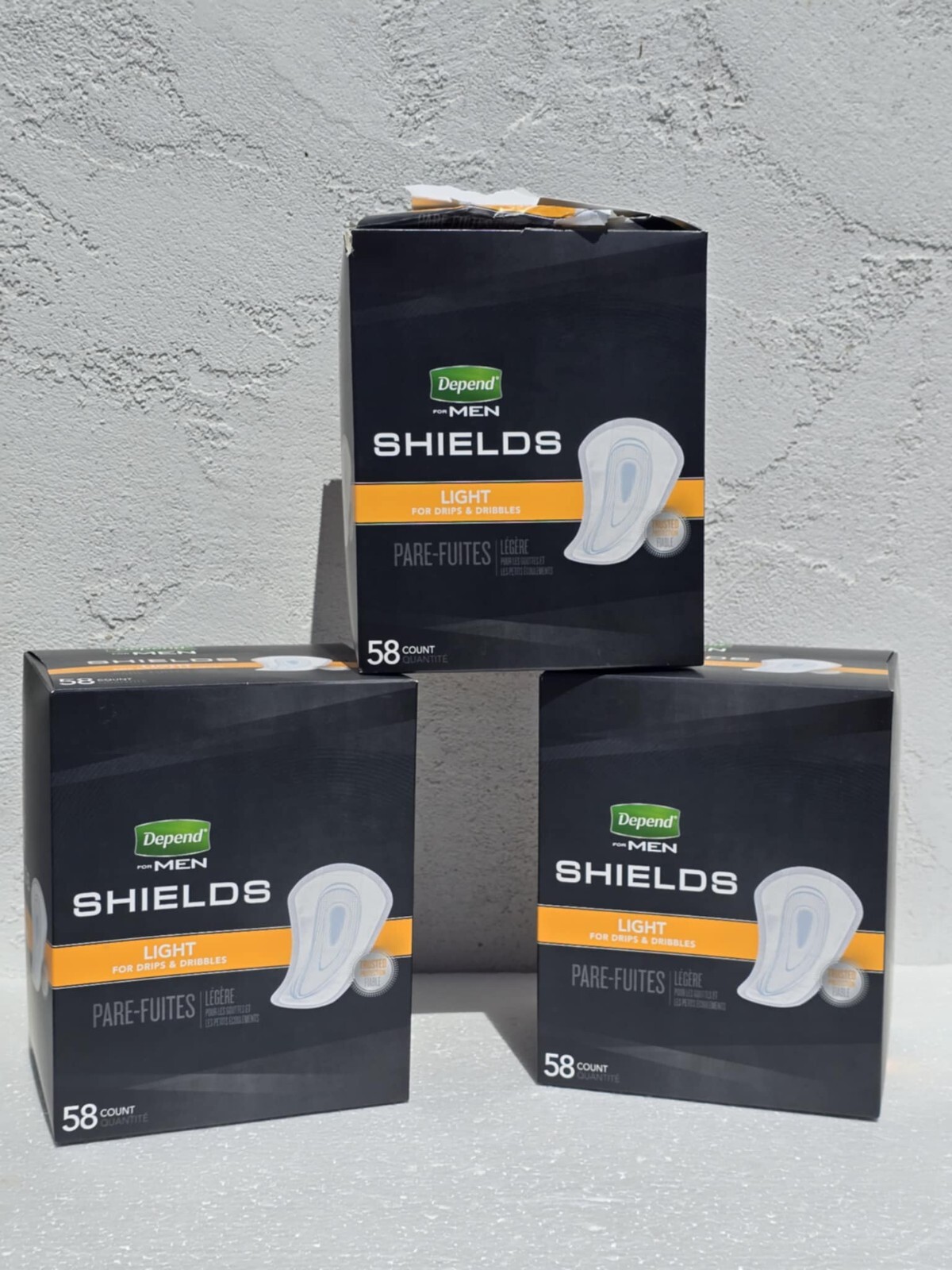 DEPEND for MEN LIGHT SHIELDS 158 Count 3 Boxes 2 New 1 open