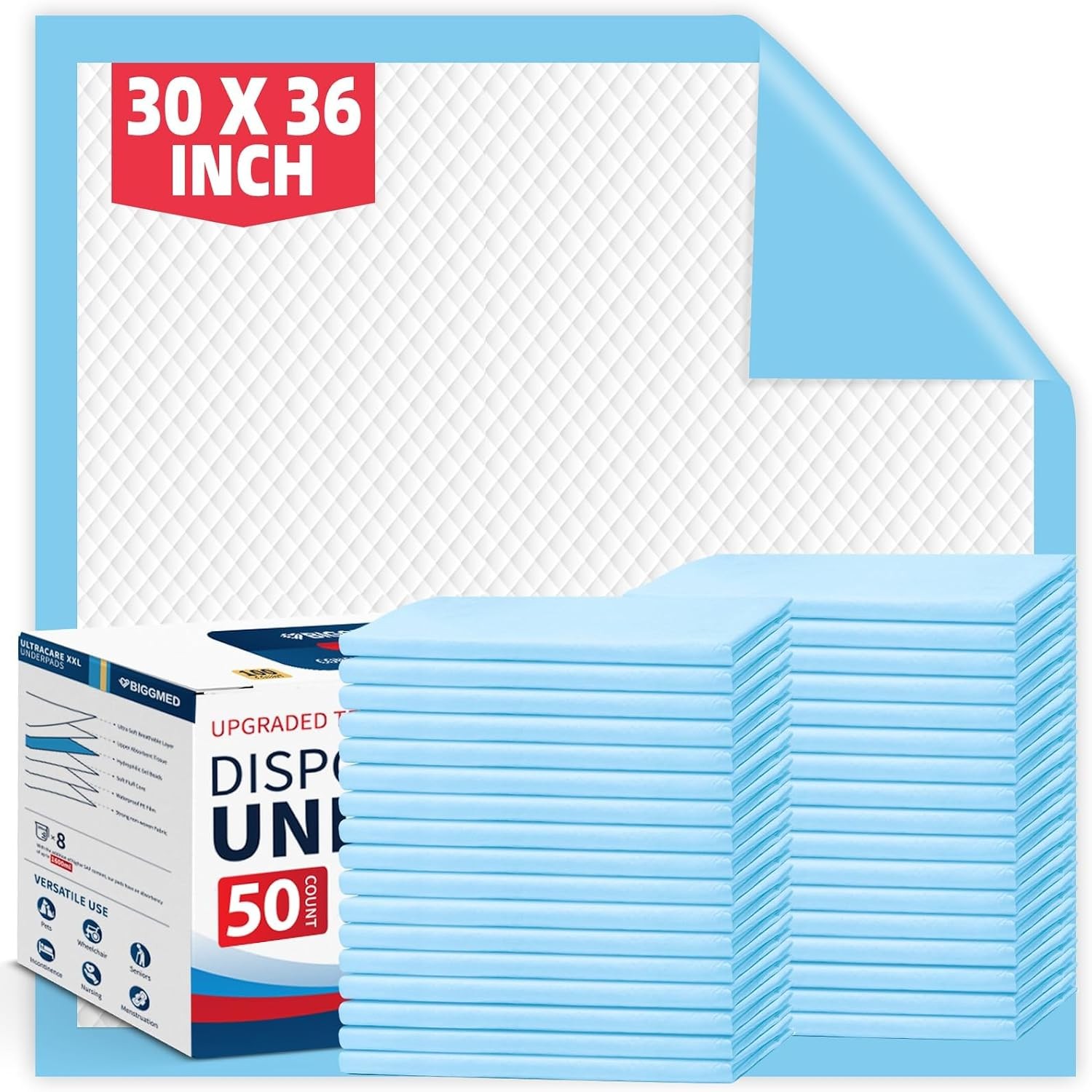 BIGGMED 36″x30″ 50ct Tear-Resistant Absorbent Underpads for Adults, Pets