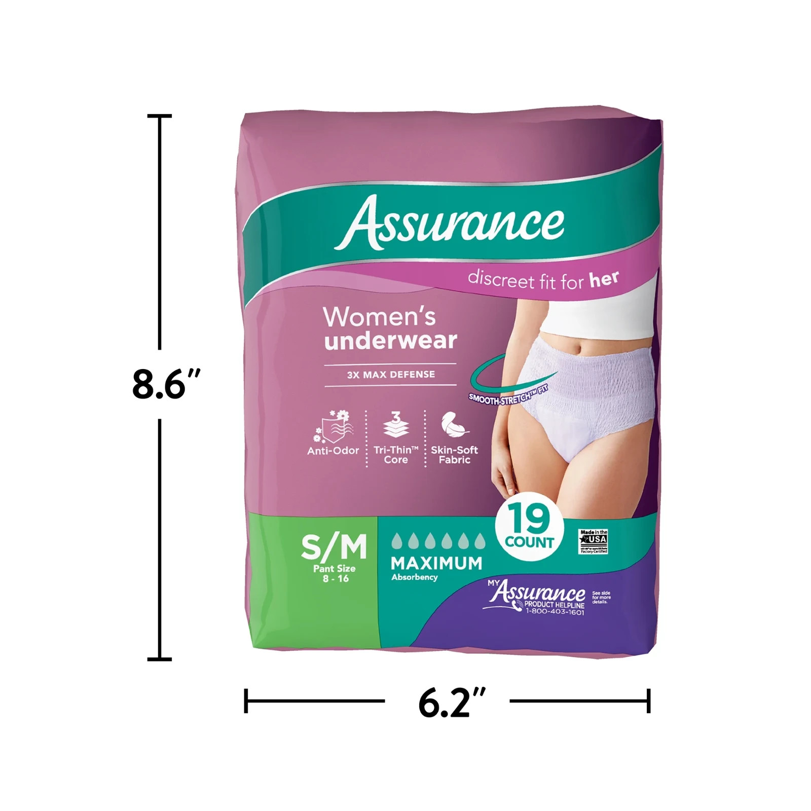 Assurance Women’s Underwear, Maximum Absorbency, Size S/M, 19 CT 2PACK=38 COUNT