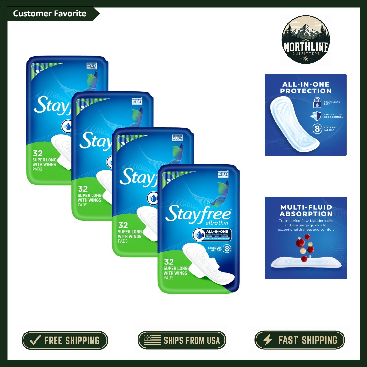 All-in-One Ultra Thin Pads for Heavy Flow with Wings – 128 Count, Cotton Comfort