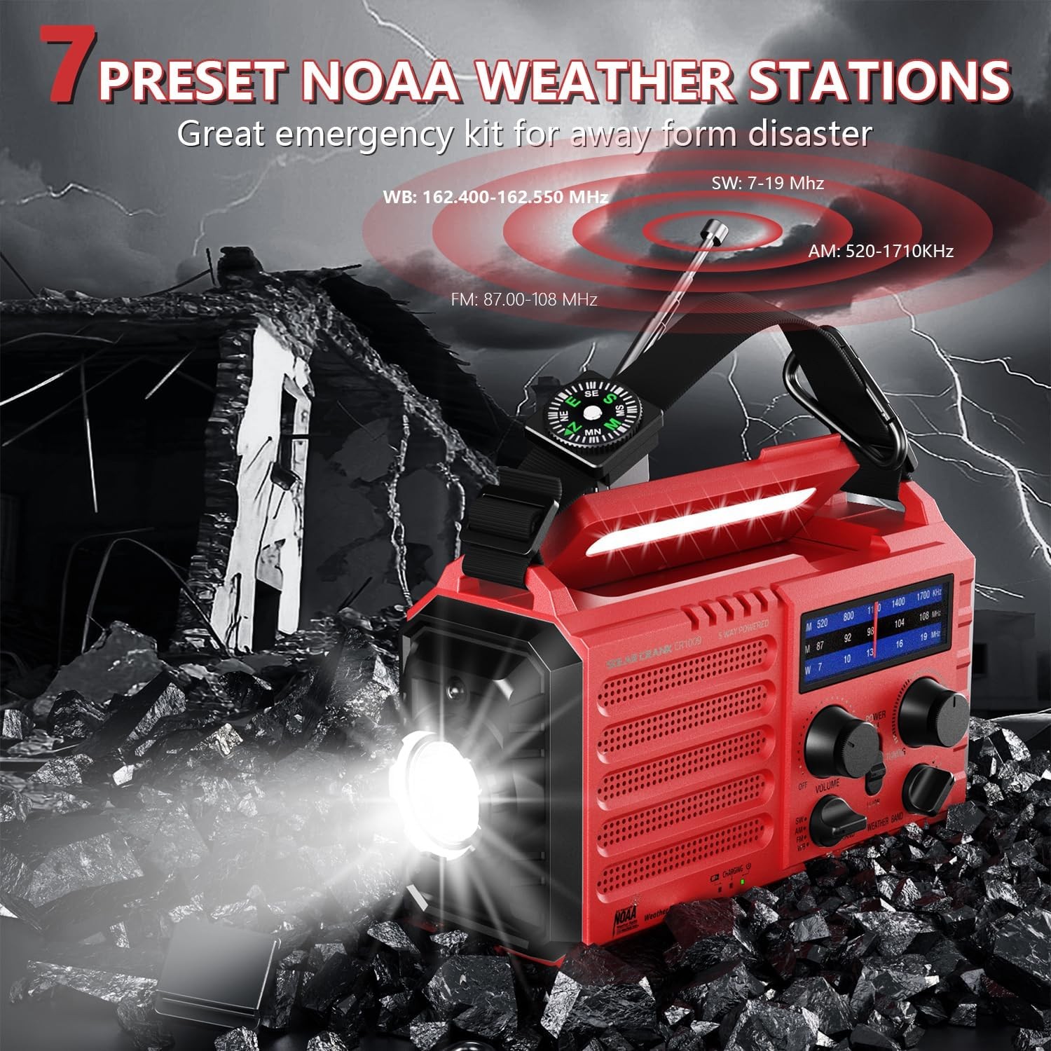 Emergency Solar Hand Crank Radio, AM/FM/SW NOAA Weather Alert Radio, Flashlight,