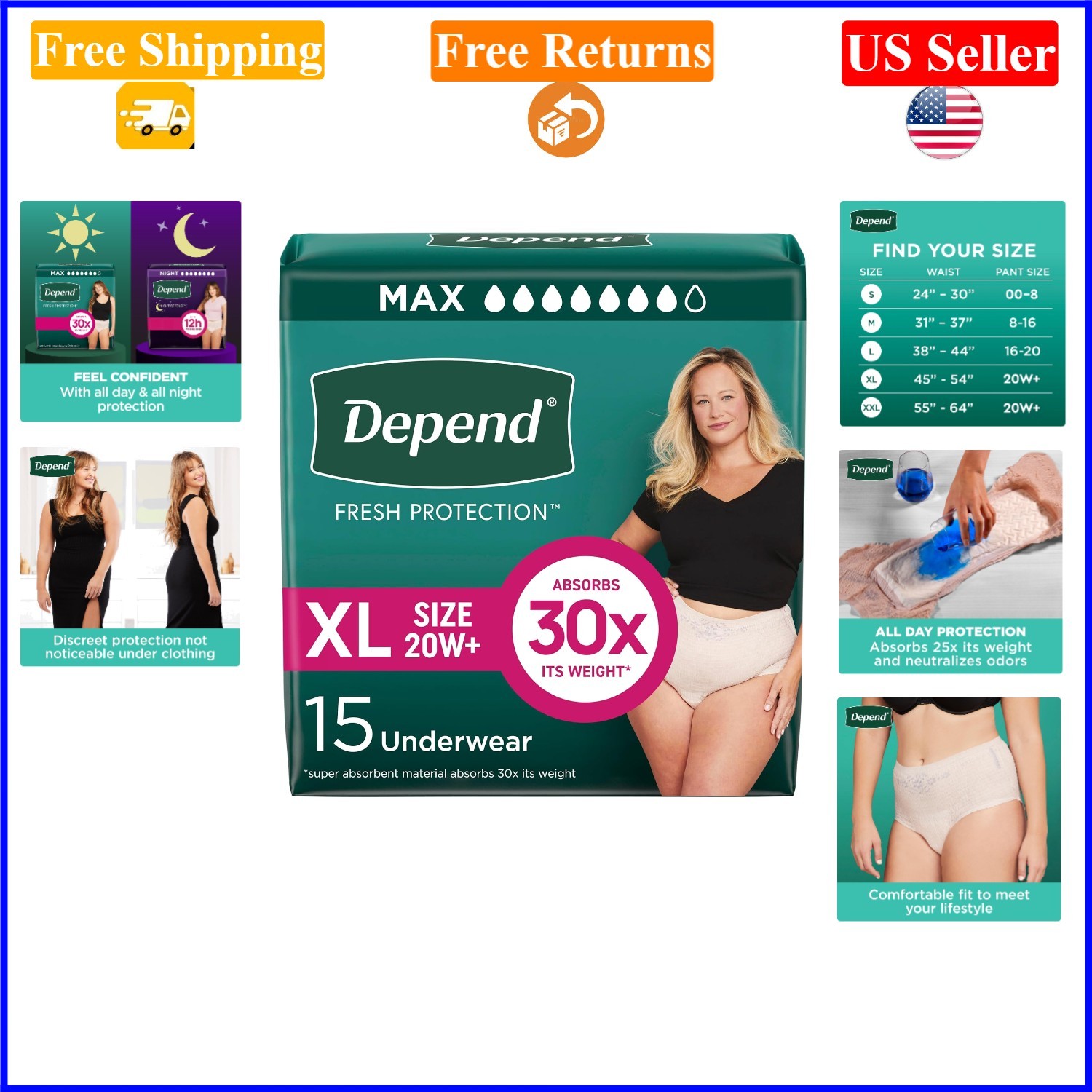 Fresh Protection Adult Diapers for Women, Extra-Large, 15 Pack, Blush