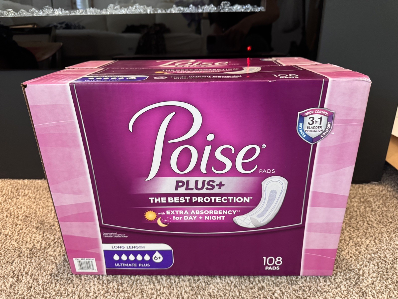 POISE Ultimate PLUS Absorbency Pads 108 Long Length For Day & Night NO Fragrance