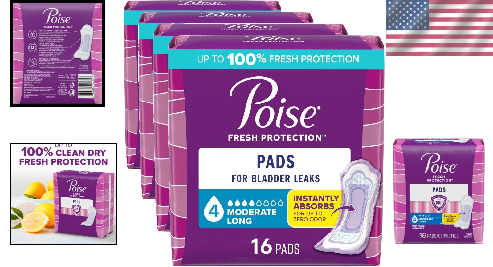 Poise Incontinence Pads, 16 Count, Long Length, 4 Drop Moderate Absorbency