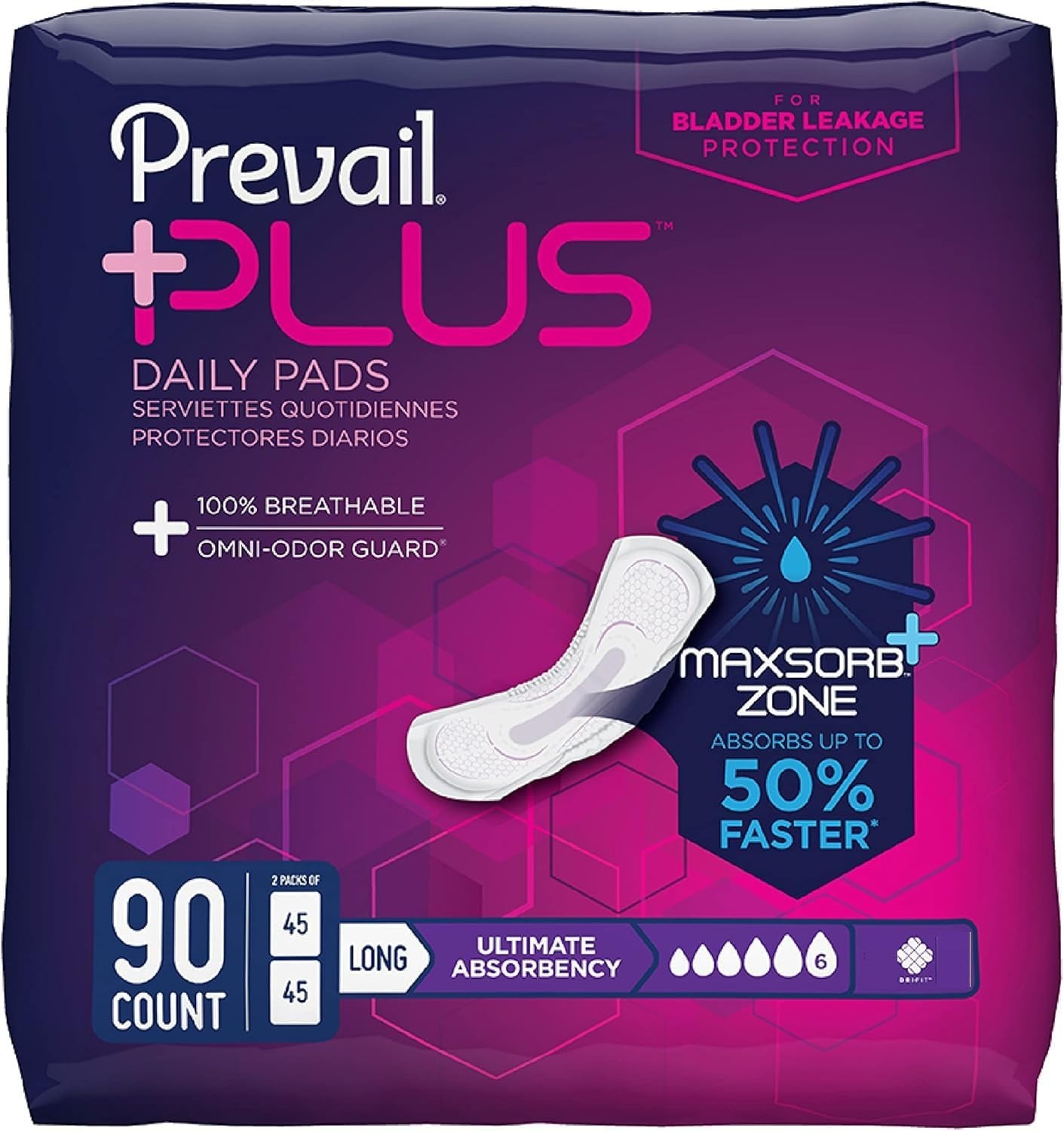 Prevail Plus Incontinence Pads 6 Drop Ultimate Absorbency Long