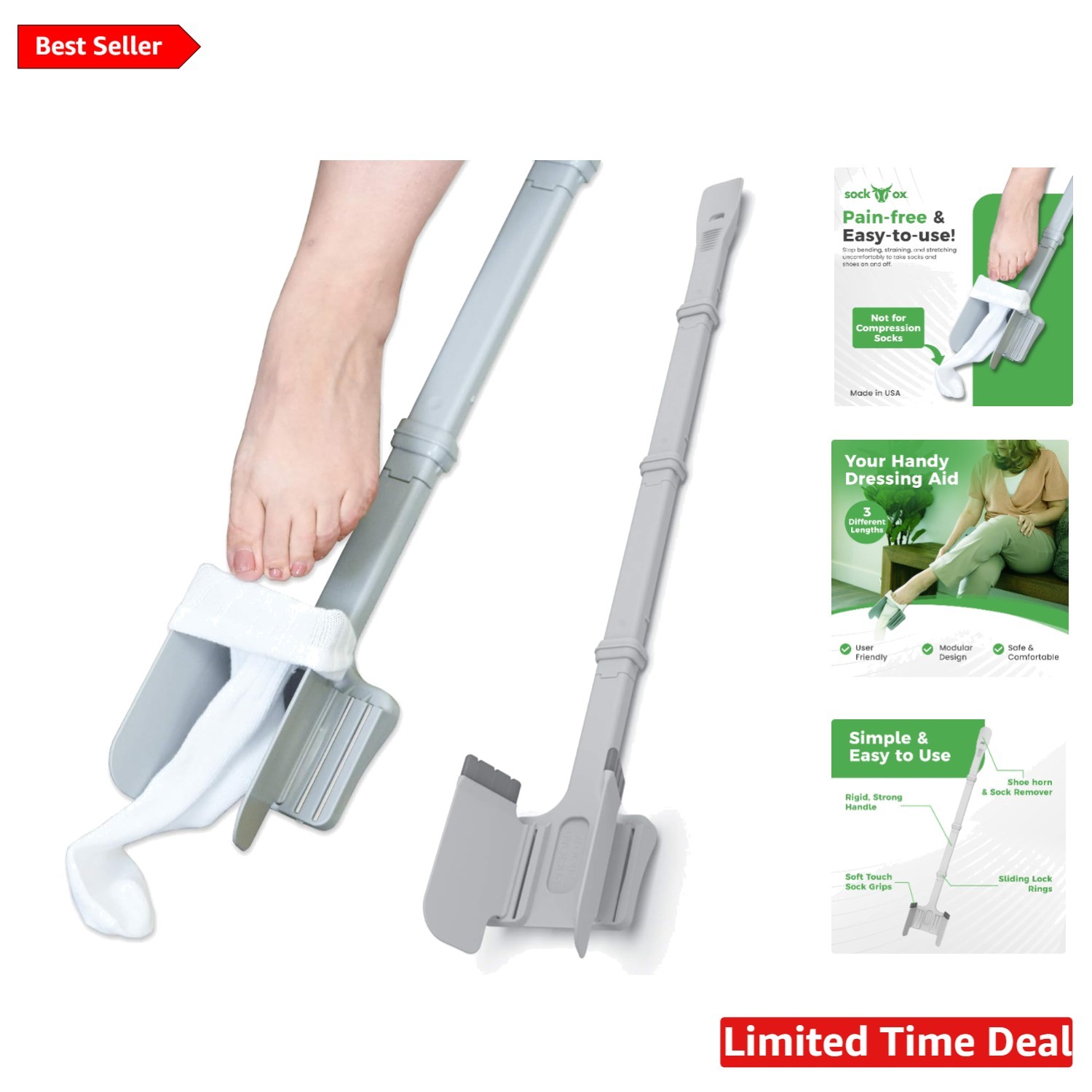 Sock Ox Adjustable Aid with Long Handle Shoe Horn – Effortless Dressing Solution