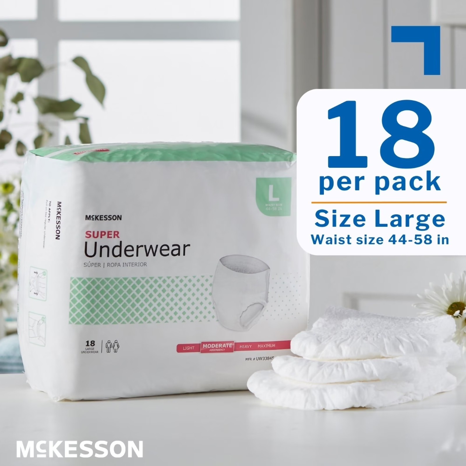 McKesson Super Underwear, Incontinence, Moderate Absorbency, Large, 72 Ct