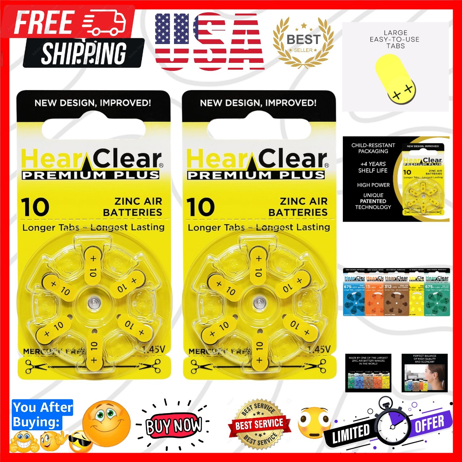 Size 10 PR230 1.45V Hearing Aid Batteries Yellow Tab 12 Batteries