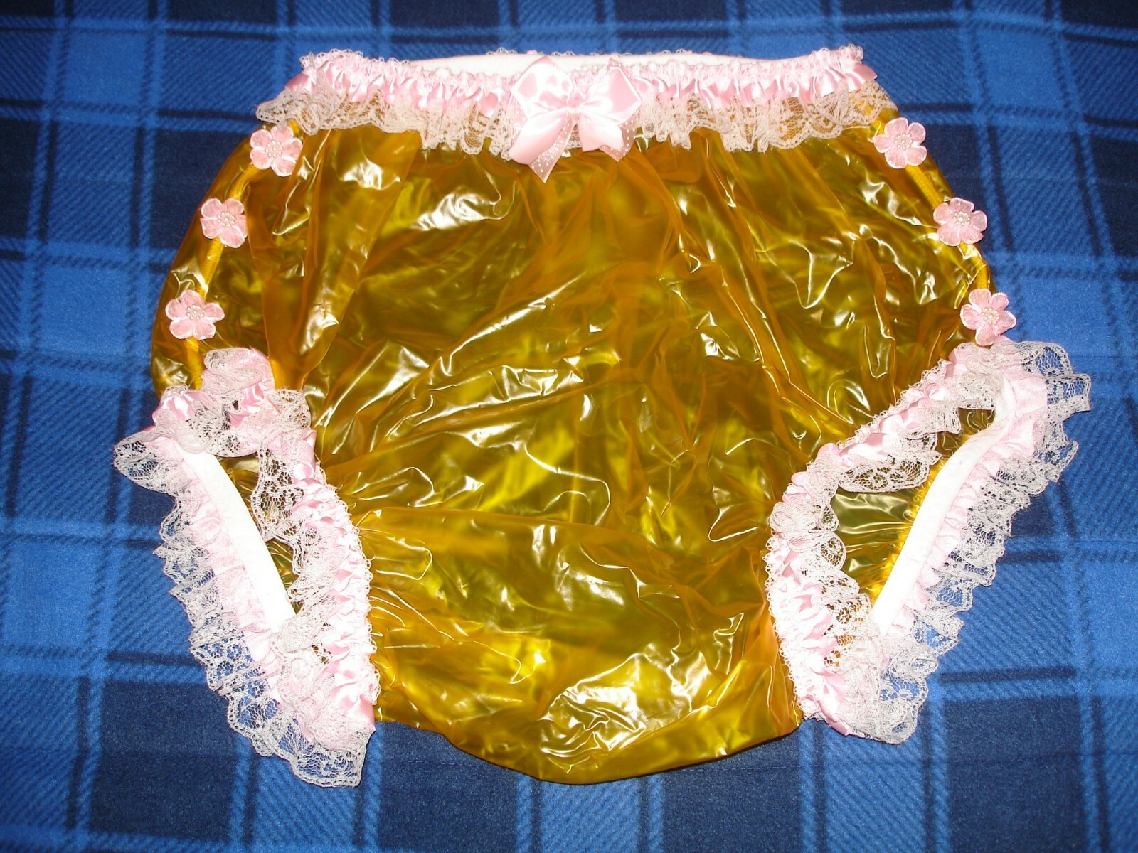 plastic pant adult size small super shiny soft semi transparent amber