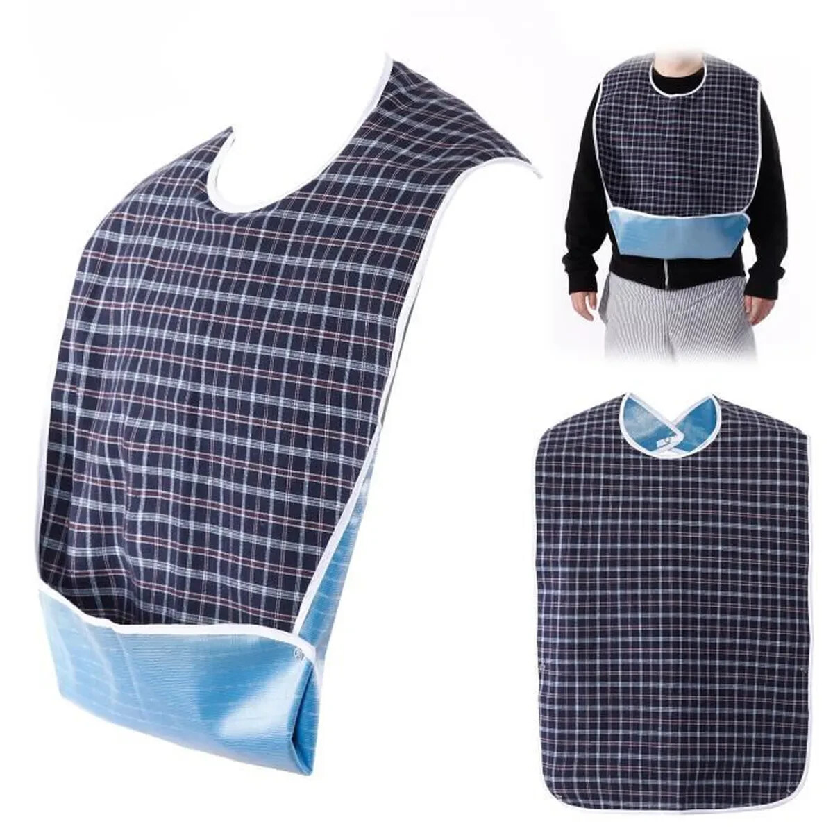 Adult Waterproof Bib Garment Protection Apron Plaid Grey Blue