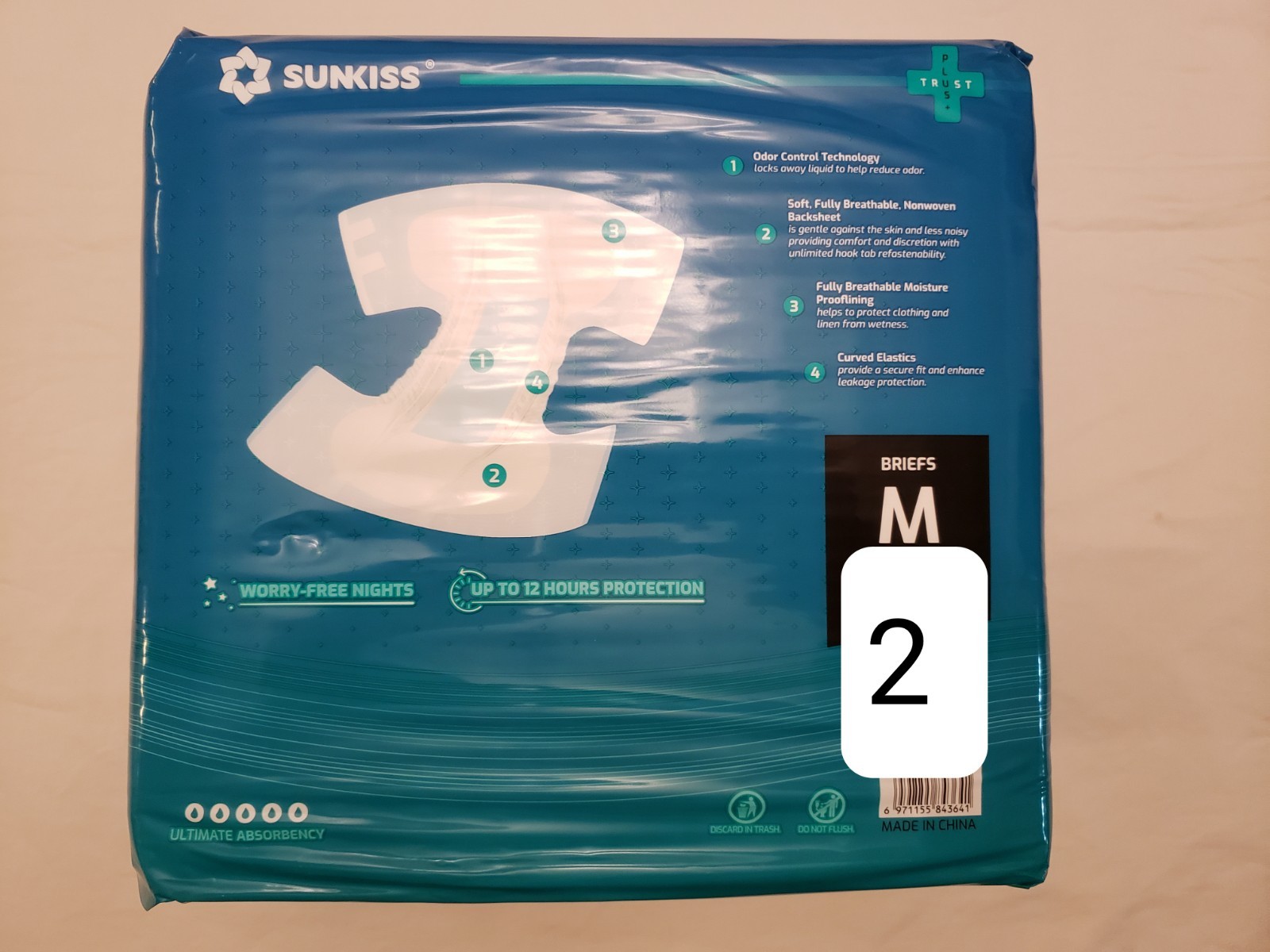 (2) Samples of Sunkiss Trust Plus Overnight Diapers Size Medium 2600ML 28″-34″
