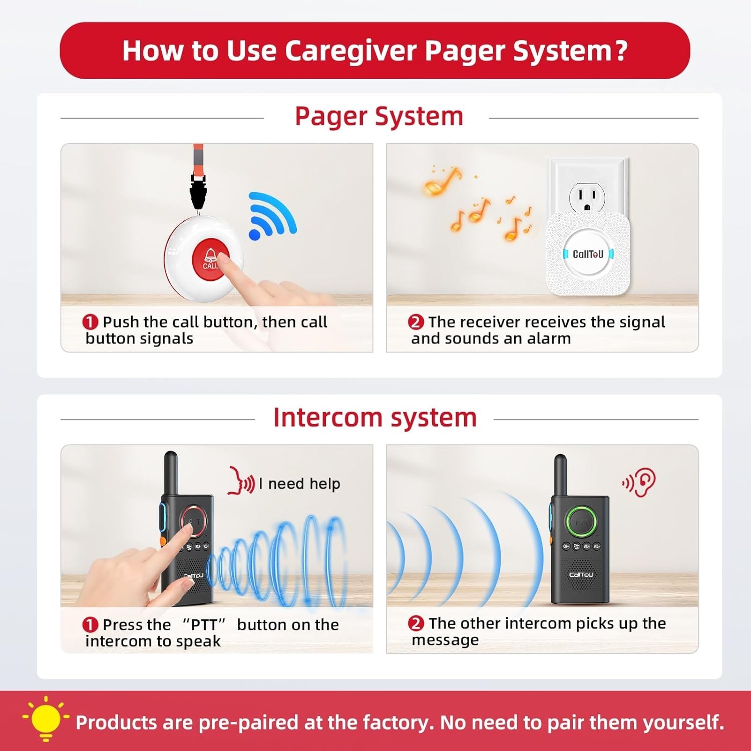 Caregiver Pager Wireless Alert Button Home Intercom System Long Range 2 Way R…