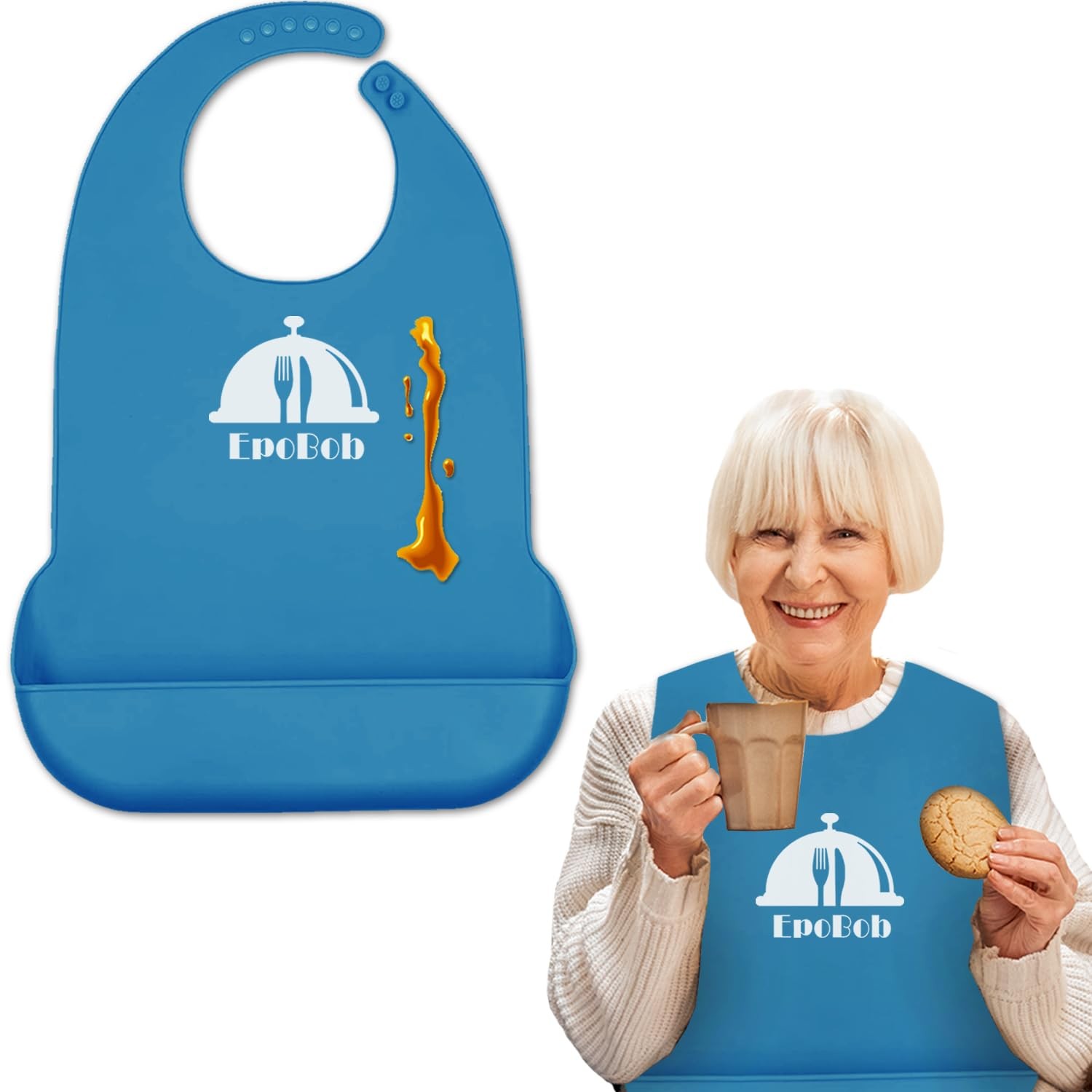 EpoBob Silicone Adult Bibs with Crumb Catcher, Washable One Size, Deepblue