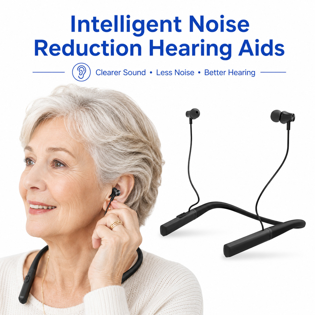Portable Neckband Hearing Amplifier Rechargable Battery Seniors Noise Cancelling