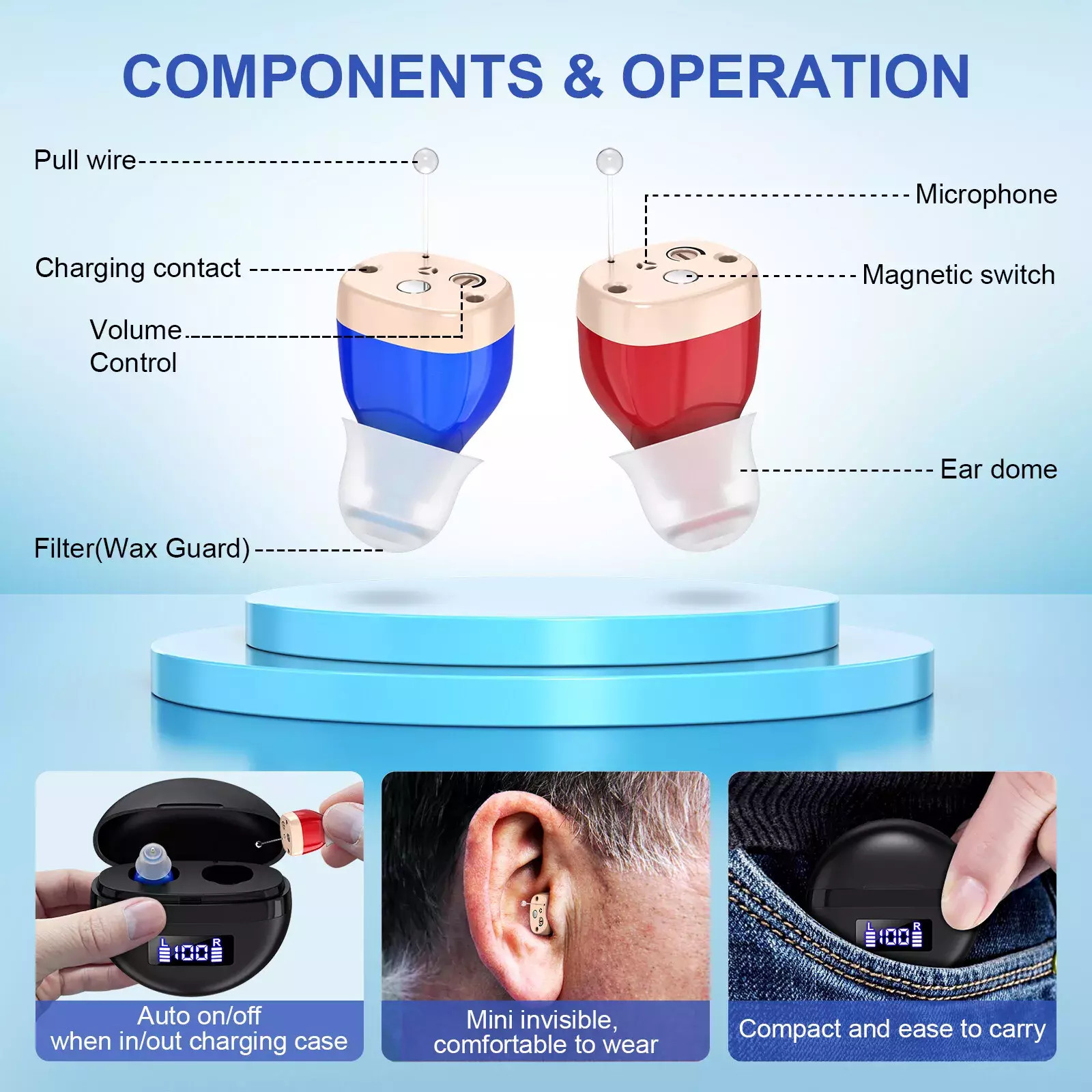 1 Pair Rechargeable Digital Hearing Aids In-Ear Invisible Sound Voice Amplifie