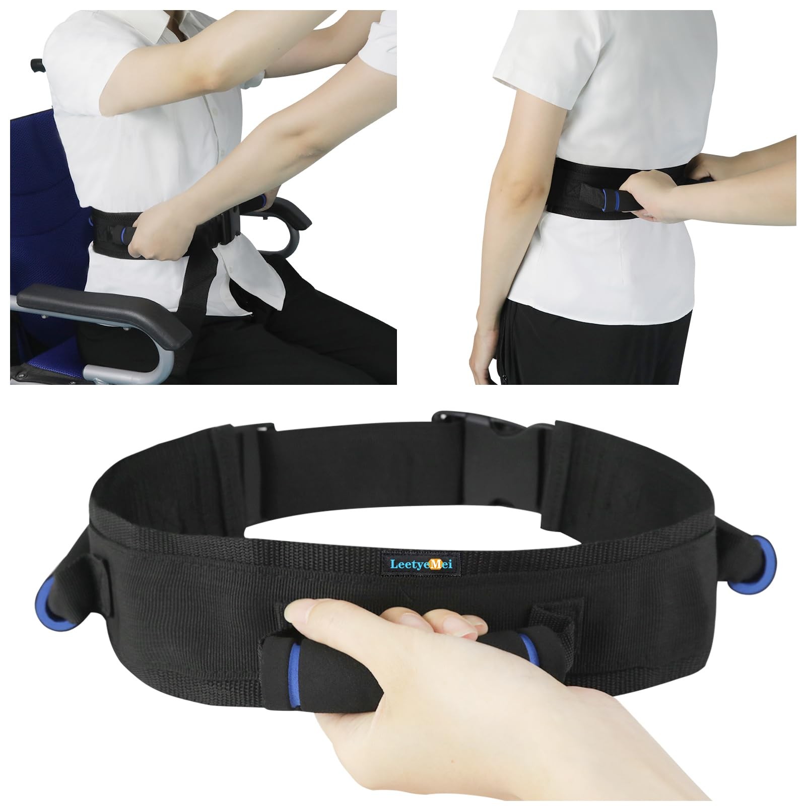 Gait Belt, Belts for Seniors, Belt with Handles, 3-handles, Black