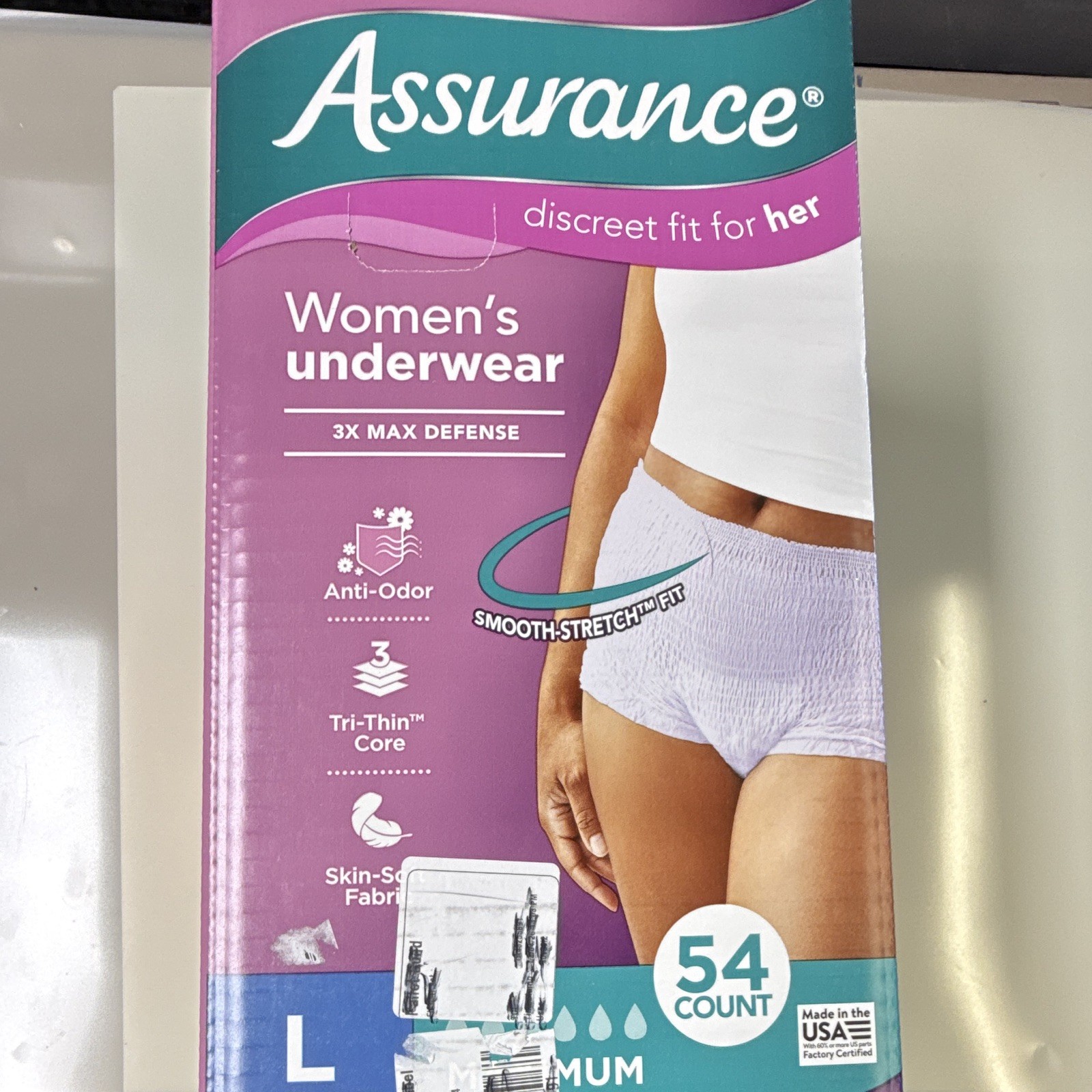 Assurance Discreet Fit for Her Women’s Incontinence Pants L 54ct White Anti-Odor