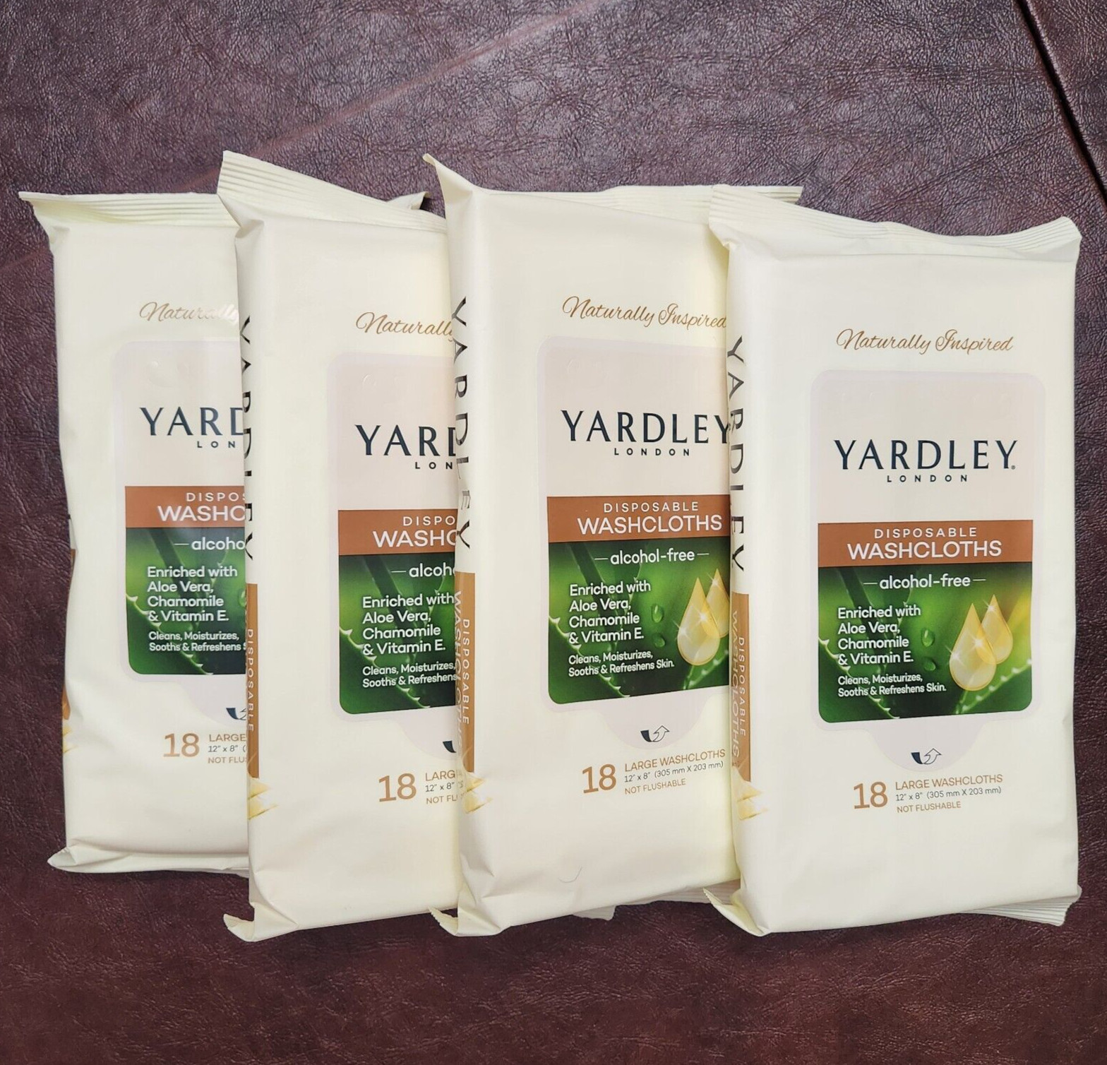 4 Yardley of London 18 Large Disposable Washcloths/Wipes Aloe Chamomile