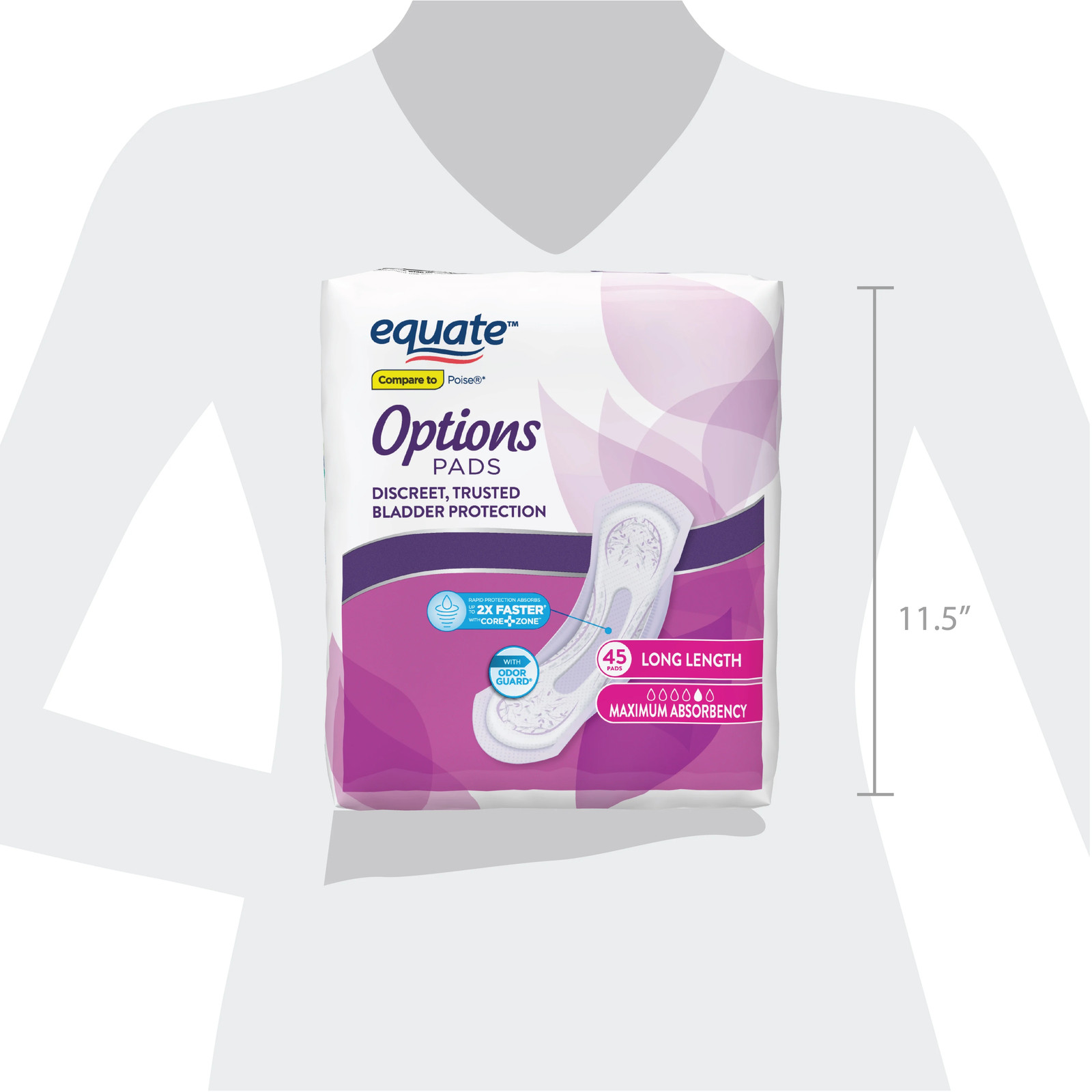 Options Women’s Incontinence Pads, Maximum Absorbency, Long Length, 45 Count
