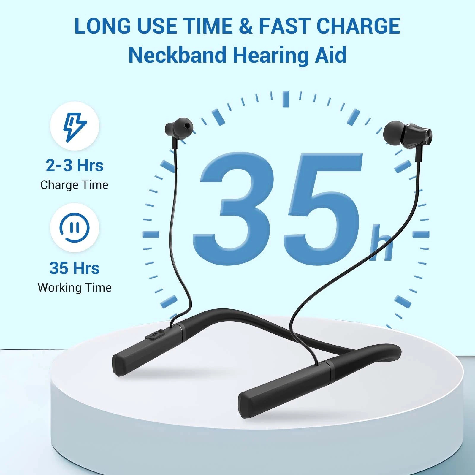 Adult and elderly neck-wear rechargeable noise-reducing OTC hearing aid