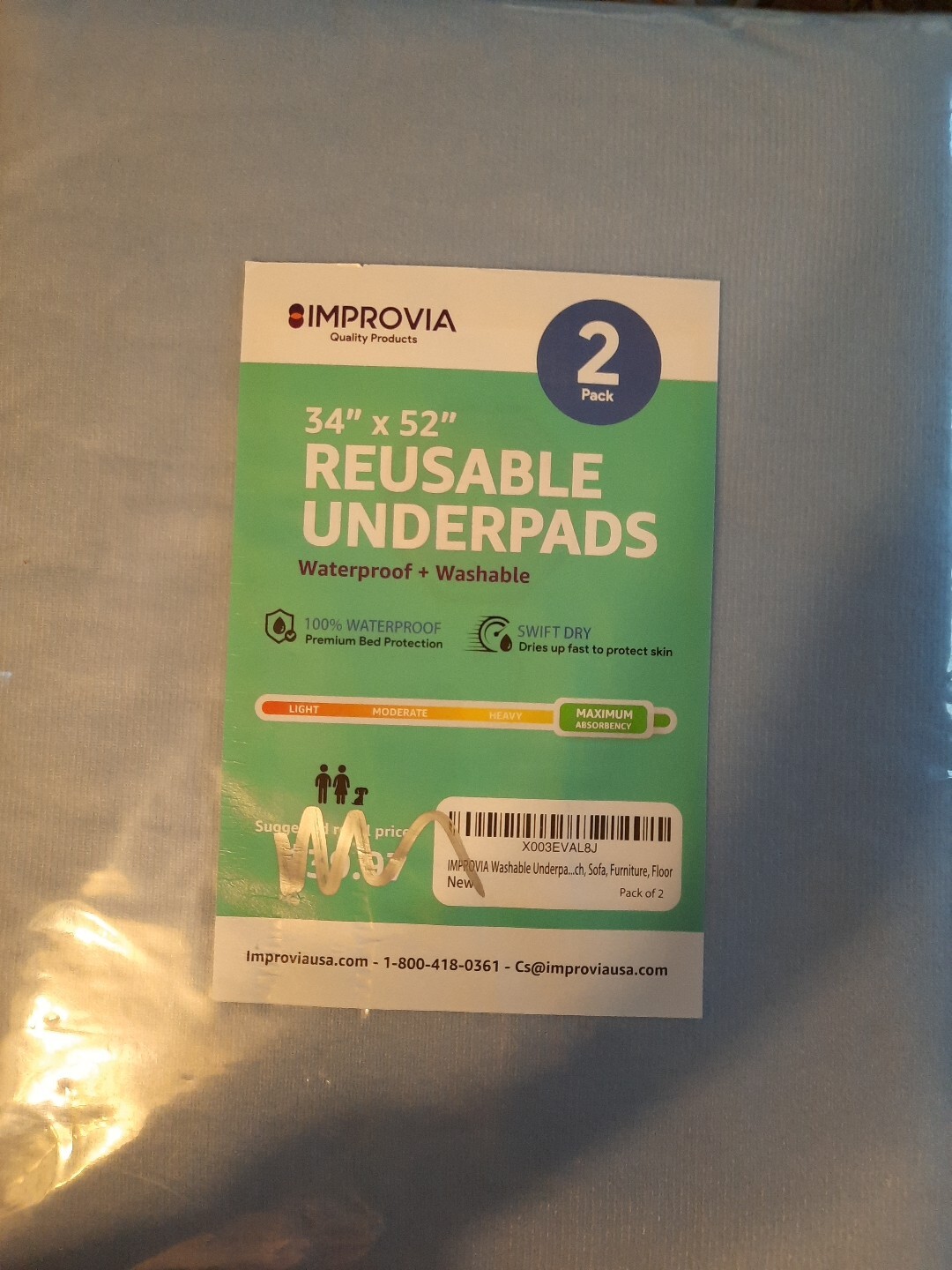 Improvia 2 Pk Underpads Heavy Absorbency Reusable Bedwetting Incontinence Pads