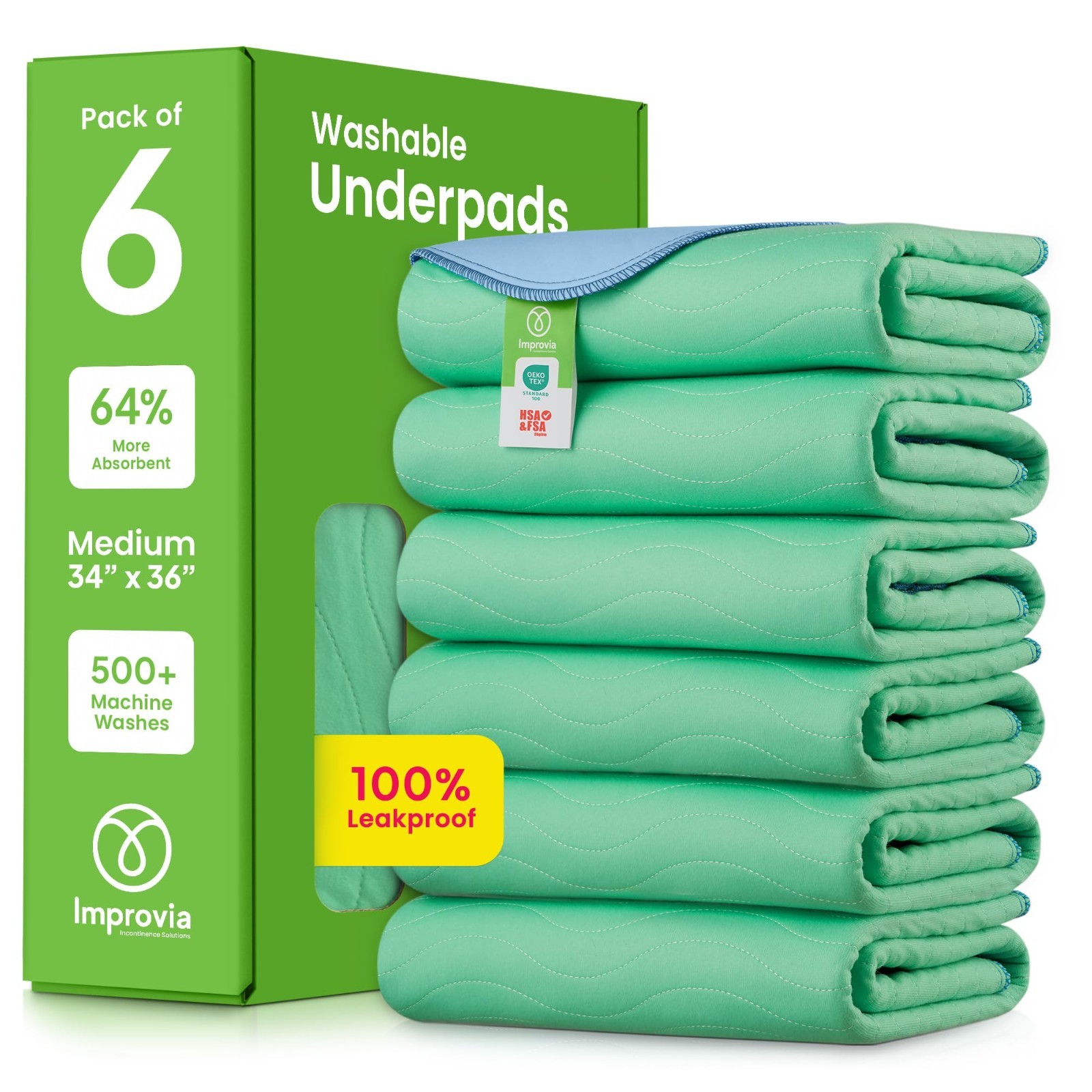 Washable Underpads 34″x36″ (6 Pack) – Heavy Absorbent Reusable Incontinence Pads