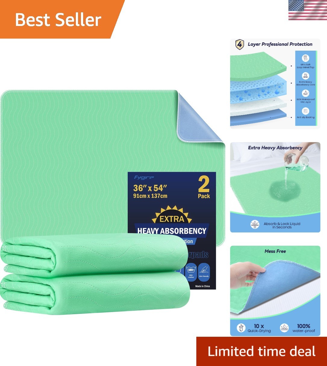 2 Pack 36” x 54” Extra Heavy Absorbency Washable Underpads Bed Pads | WaterPr…