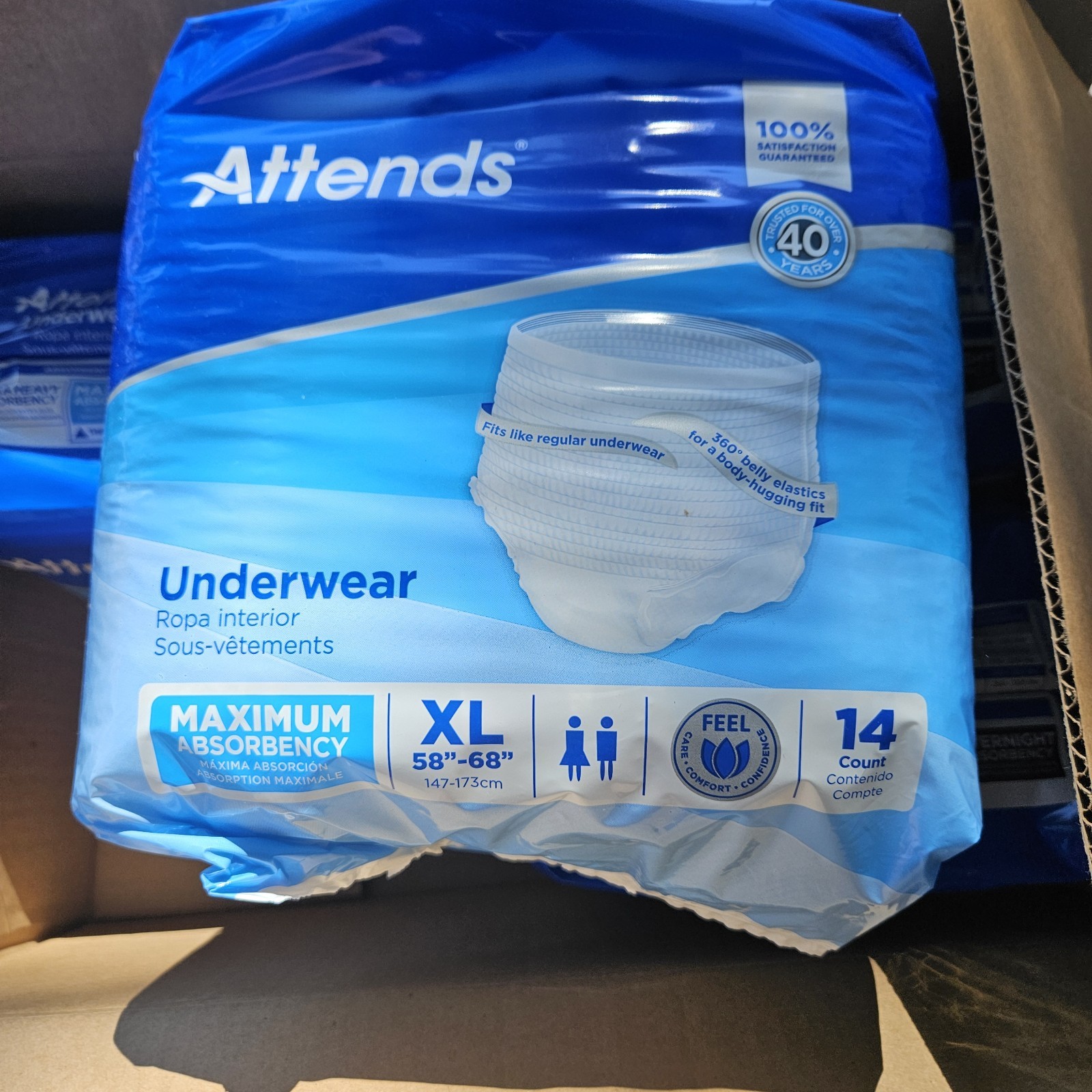 NIB 4 PACKS X 14 “ATTENDS” ADULT BRIEFS SZ XL, MAX ABSORBENCY,NEW- SEALED