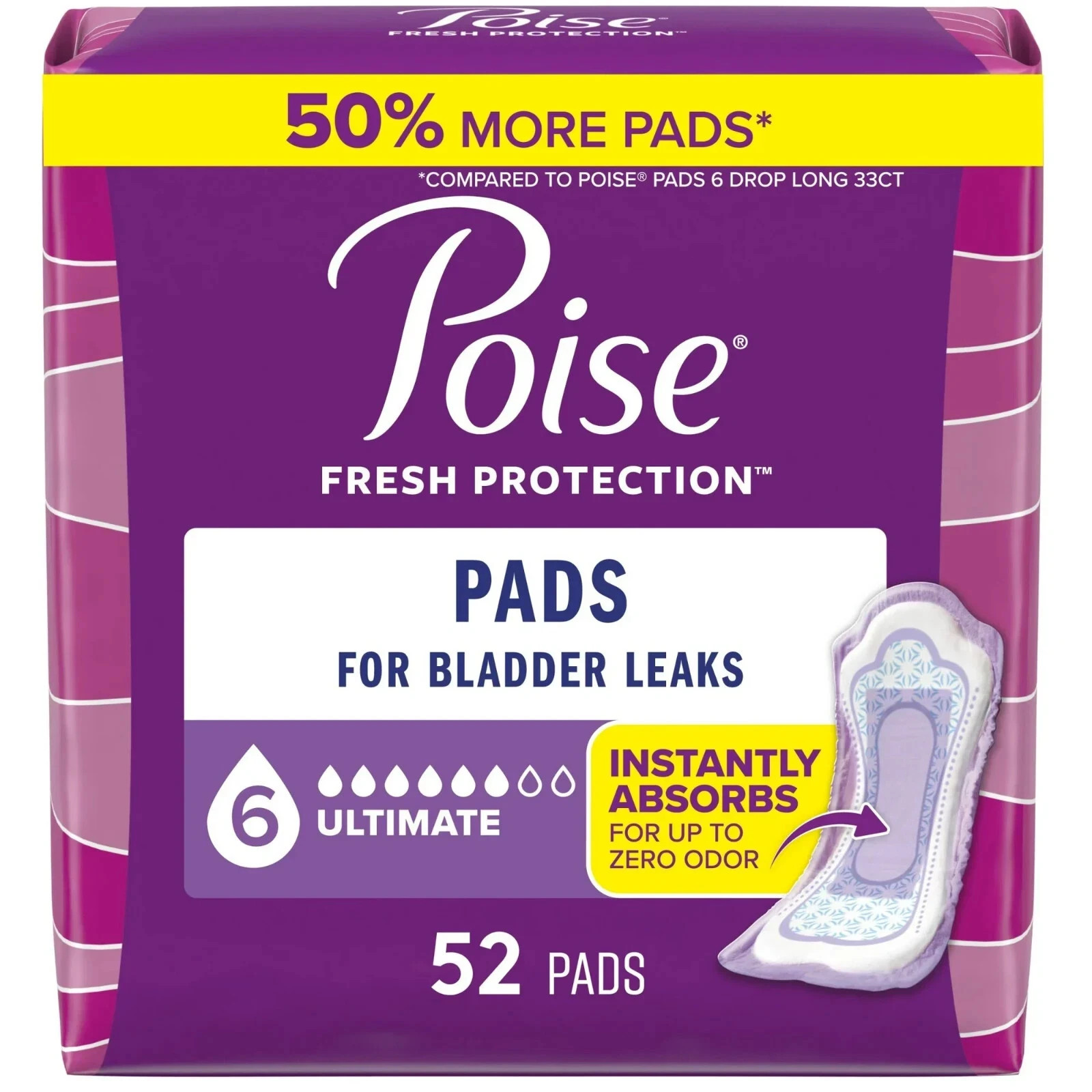 Poise Incontinence Pads , 6 Drop Ultimate Absorbency, Regular Length, 52 Count
