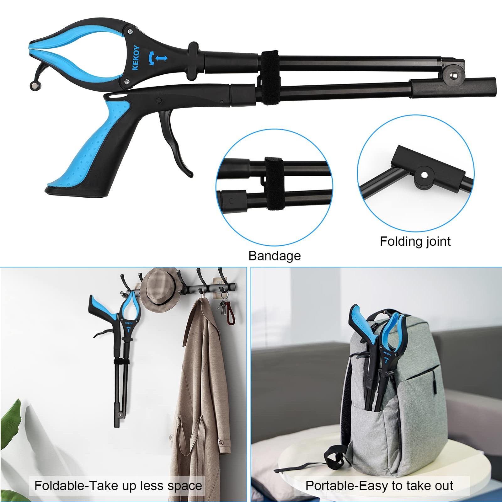 2-Pack 32″ Reacher Grabber Tool with Light, Foldable Magnetic Claw, Blue
