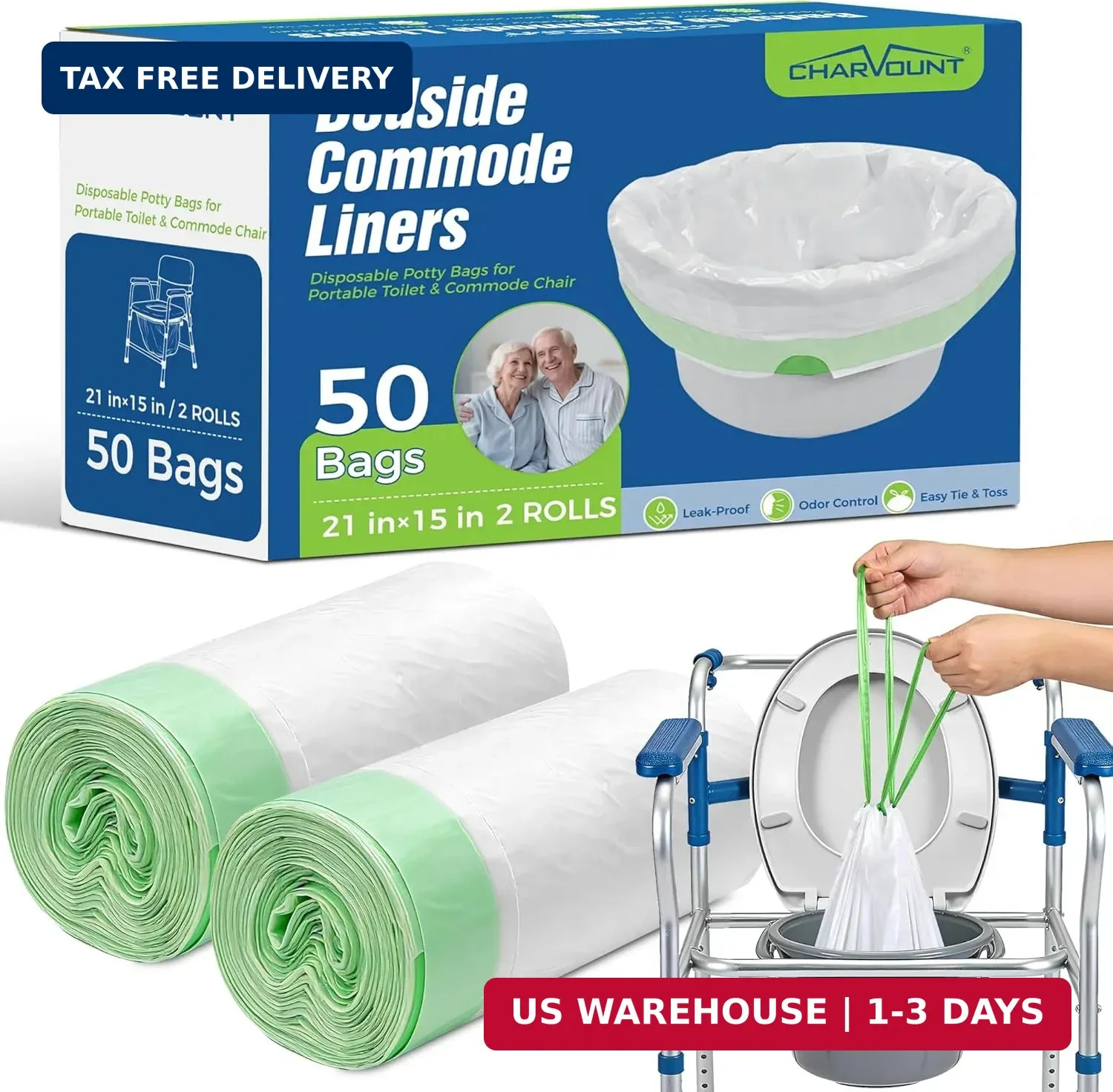 Bedside Commode Liners, Disposable Commode Bags with Drawstring, Leakproof Unive