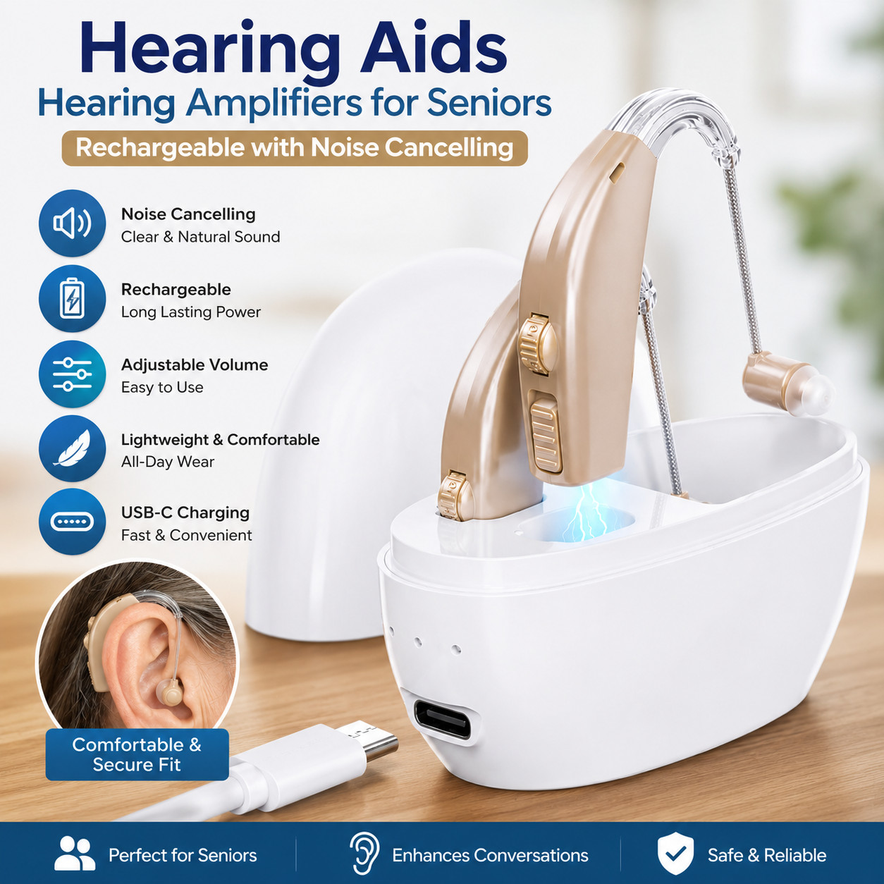 Hearing Aids Hearing Amplifiers for Seniors Rechargeable with Noise Cancelling.