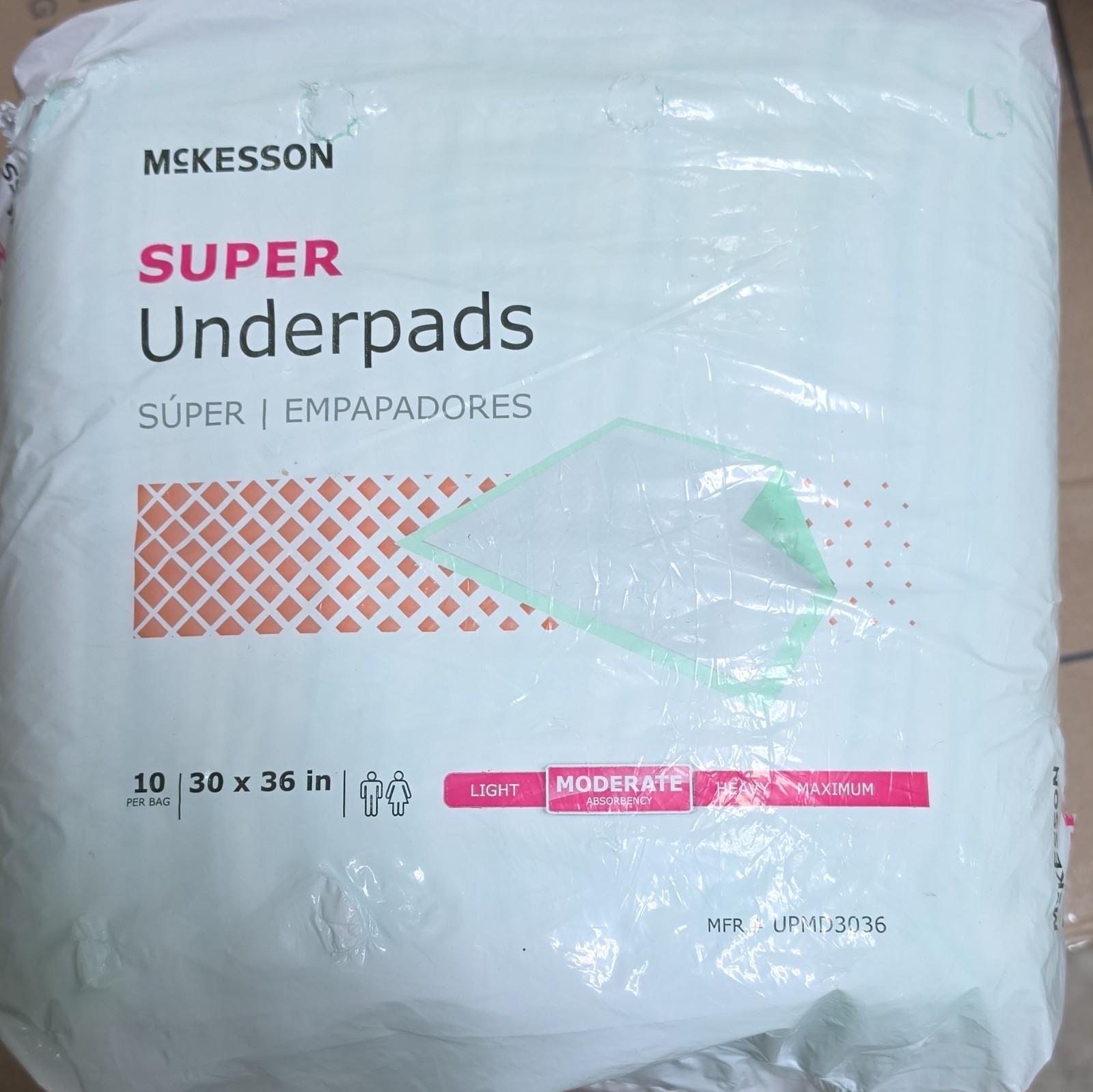 McKesson Super Underpads, Moderate Absorbency, 30 x 36 in, White, 10/Bag