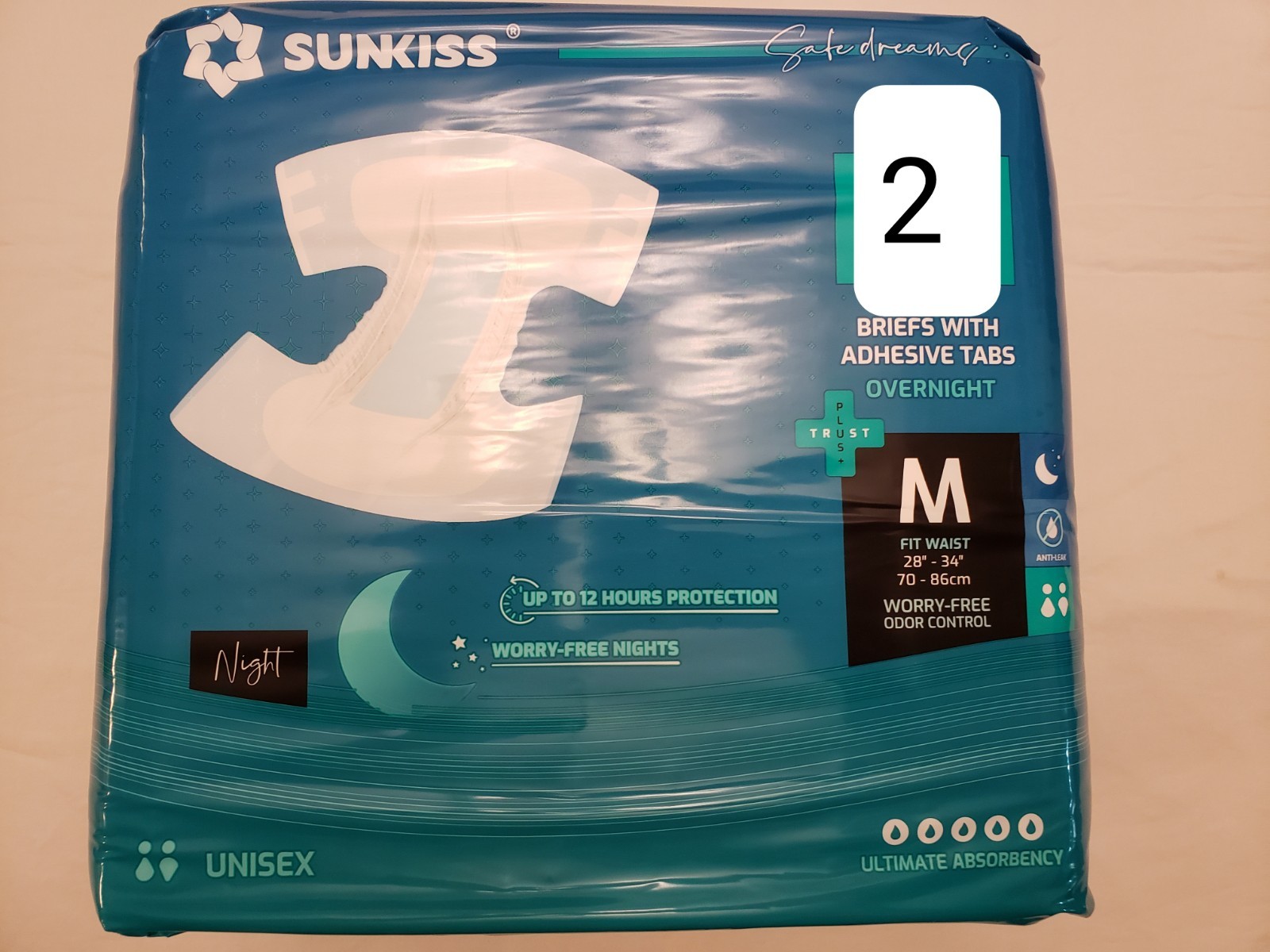(2) Samples of Sunkiss Trust Plus Overnight Diapers Size Medium 2600ML 28″-34″