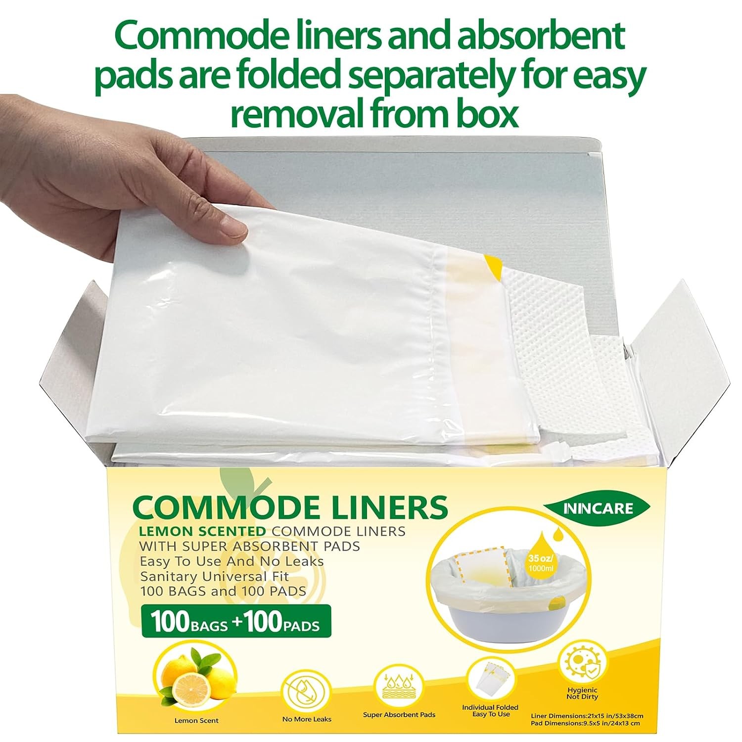 Commode Liners with Absorbent Pads for Bedside Commode, 100 Lemon Scented Bedsid