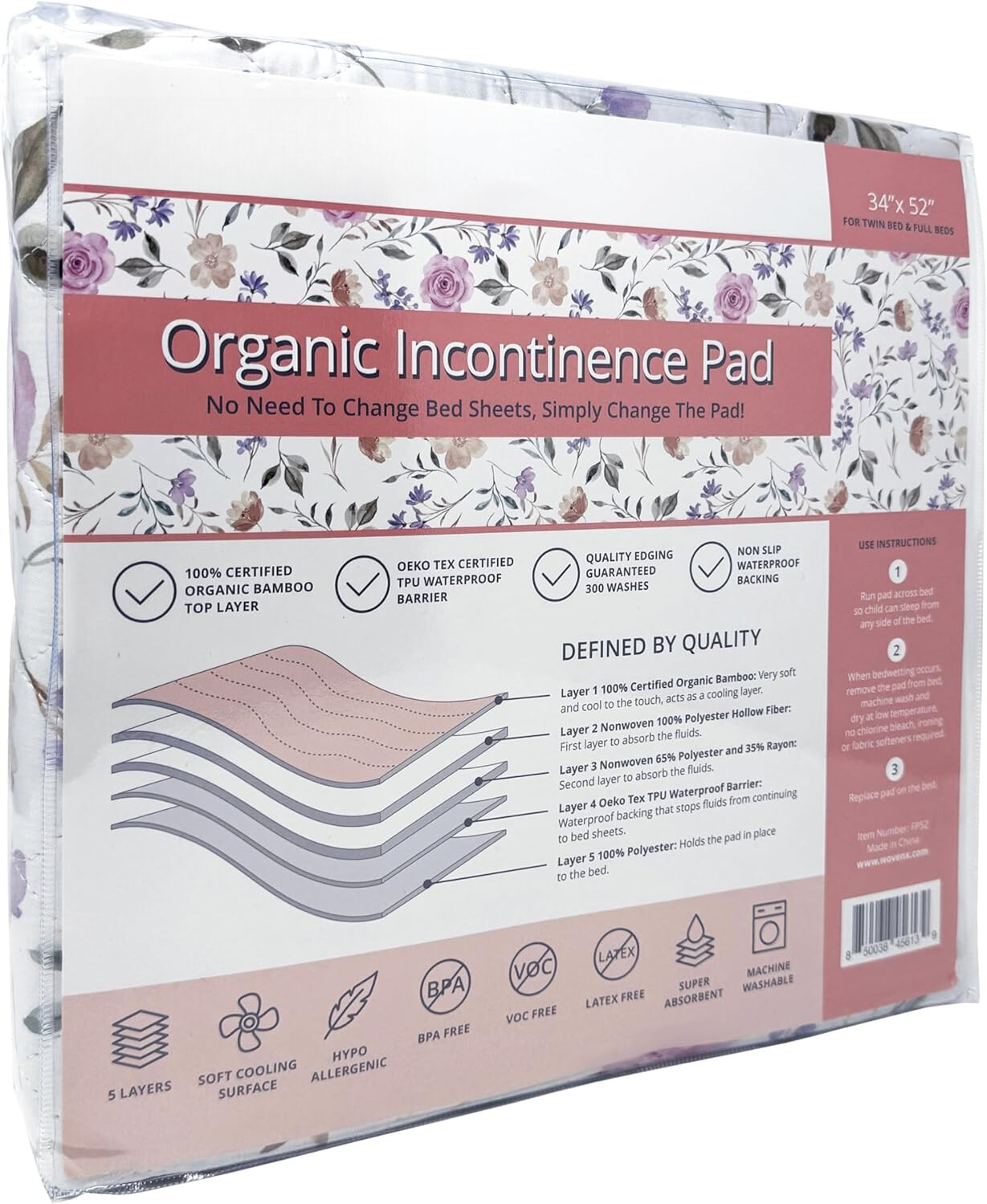 Organic Incontinence Pads – 5 Layers of Waterproof Protection, 34“ x 52” Flower