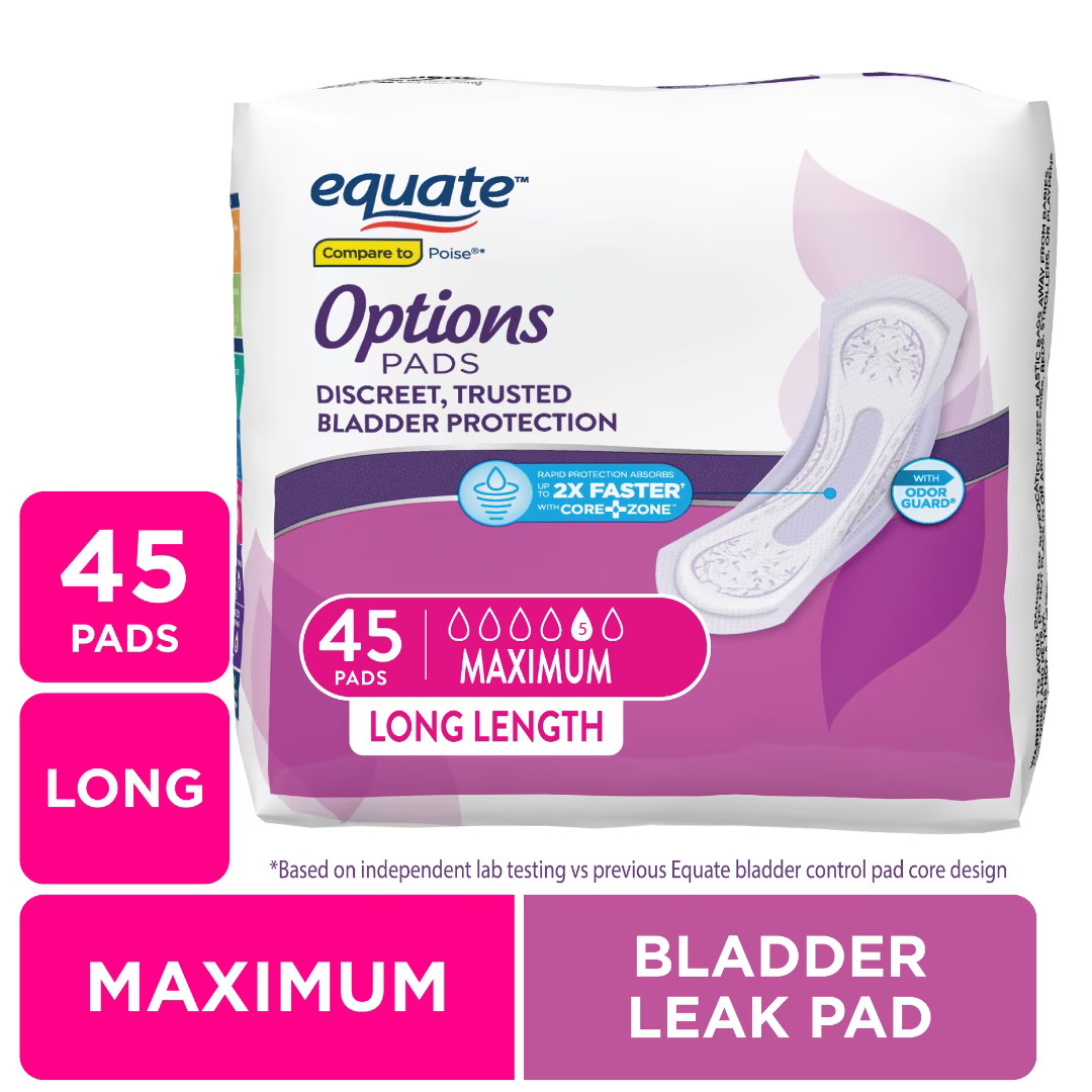 Options Women’s Incontinence Pads, Maximum Absorbency, Long Length, 45 Count